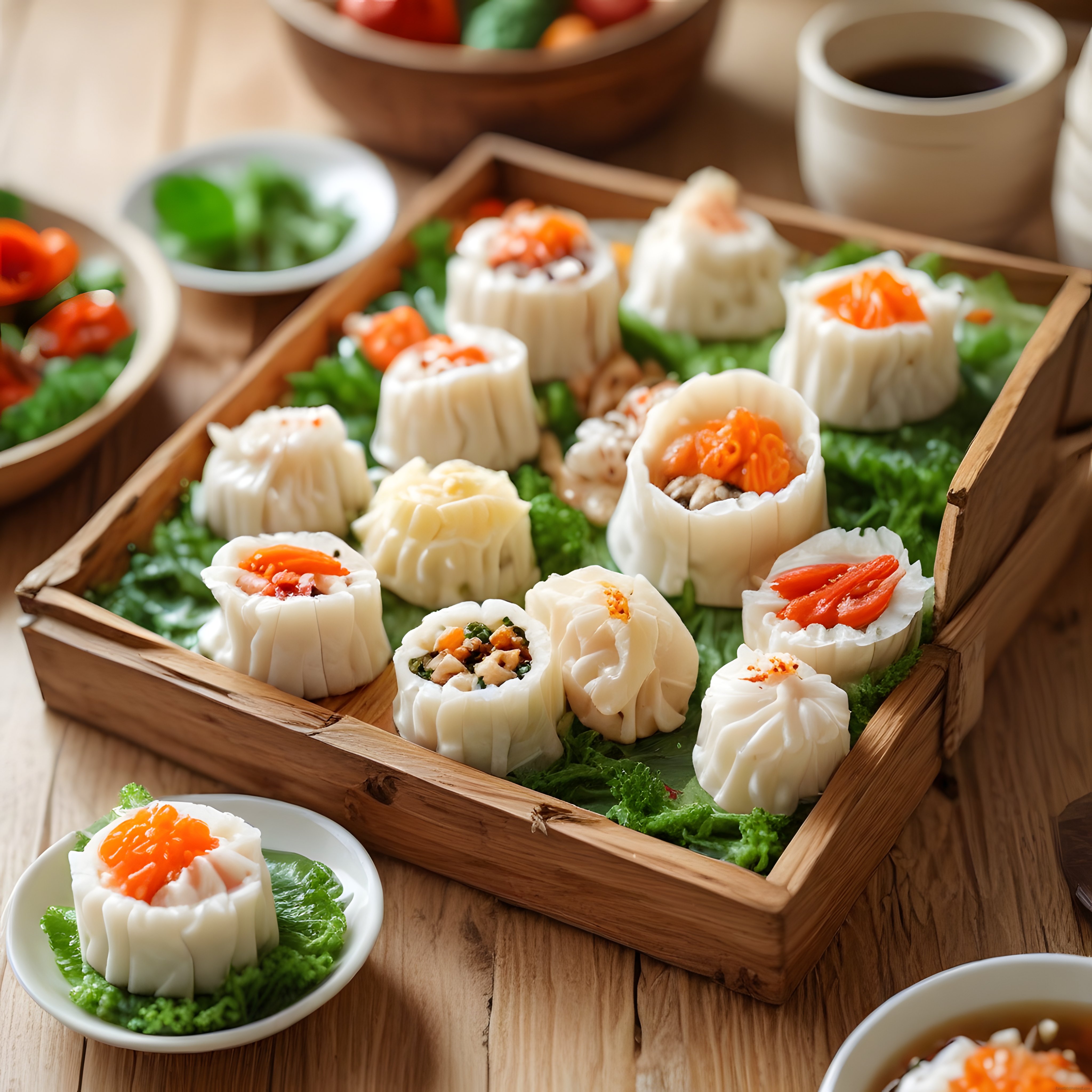 Bambu tepside sunumlanan özenle hazırlanmış dim sum ve asya mutfağı lezzetleri