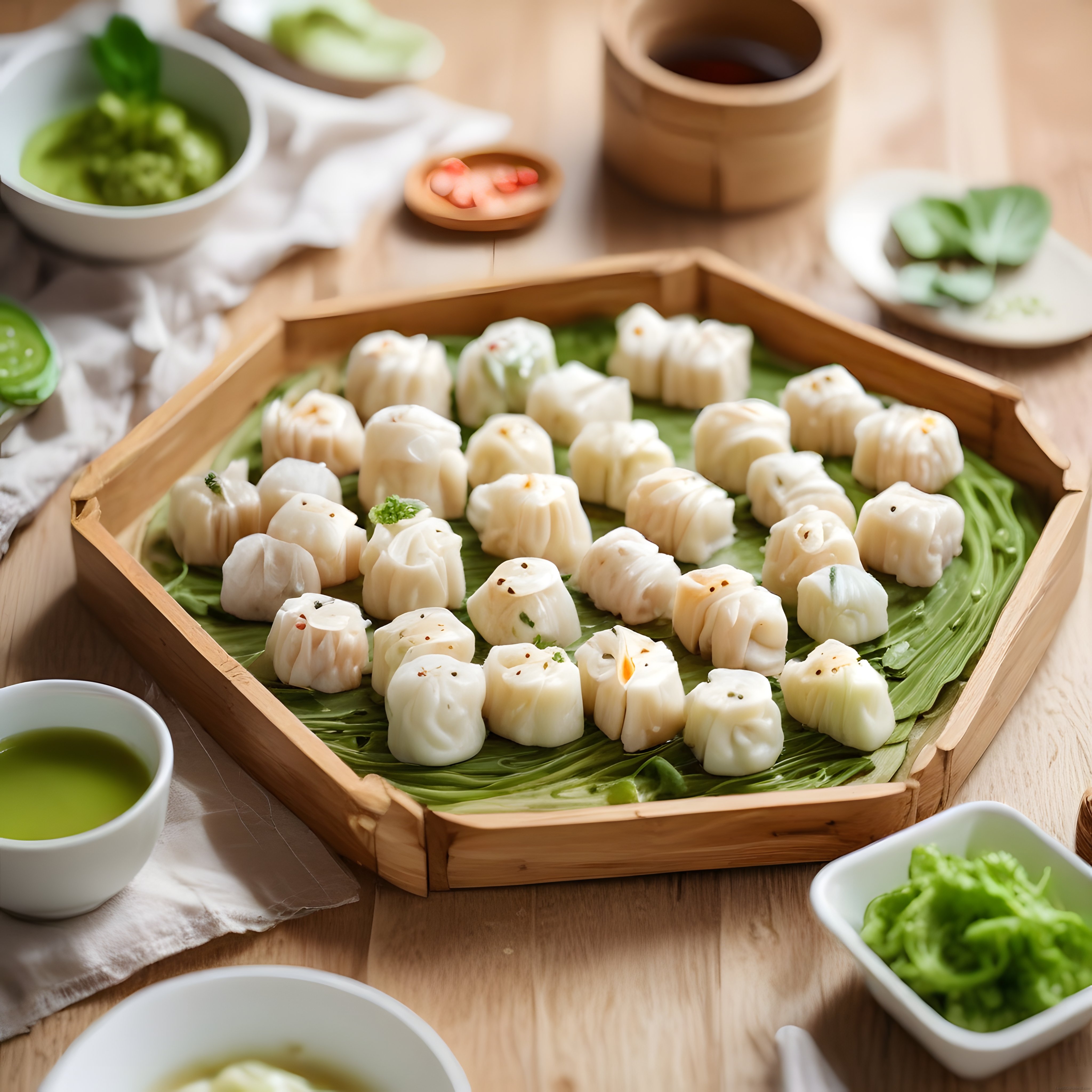 Bambu Tepside Yaprak Üzerinde Sıralanmış Taze Dim Sum ve Çin Mantıları