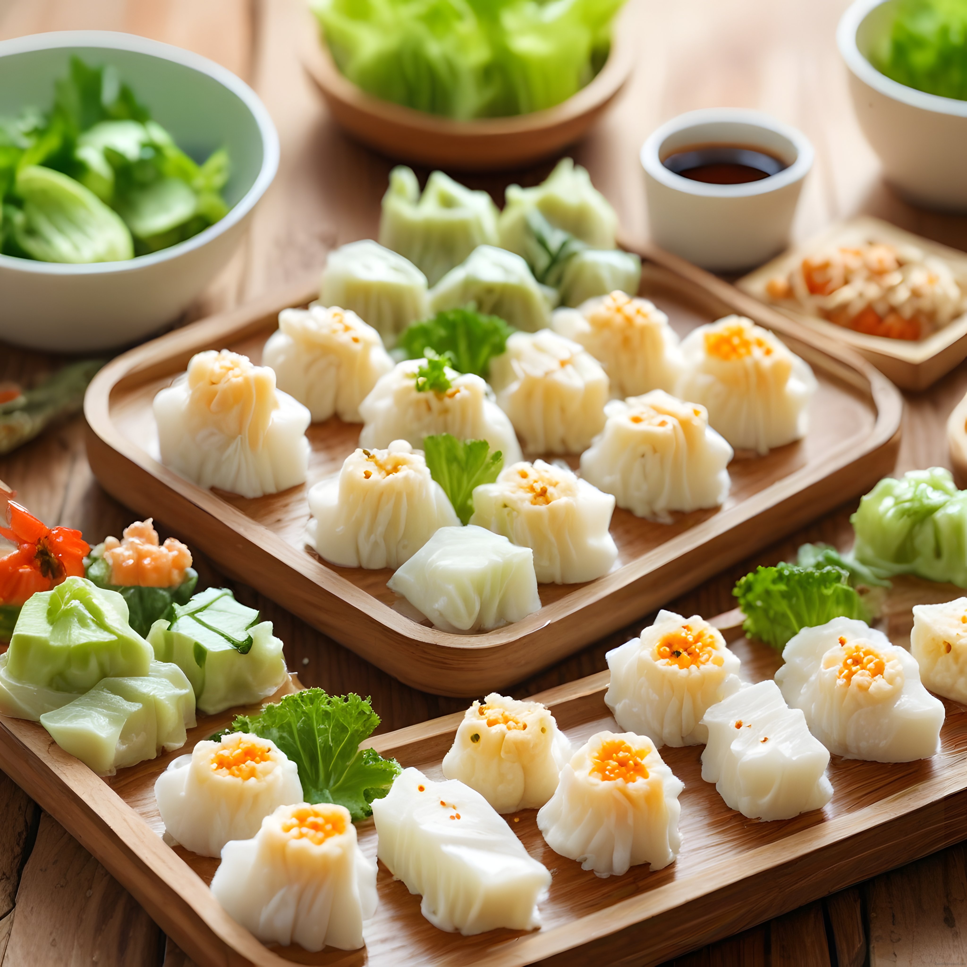 Bambu Tepsilerde Sunulan Çeşitli Dim Sum Mantıları ve Soya Sosu Eşliğinde