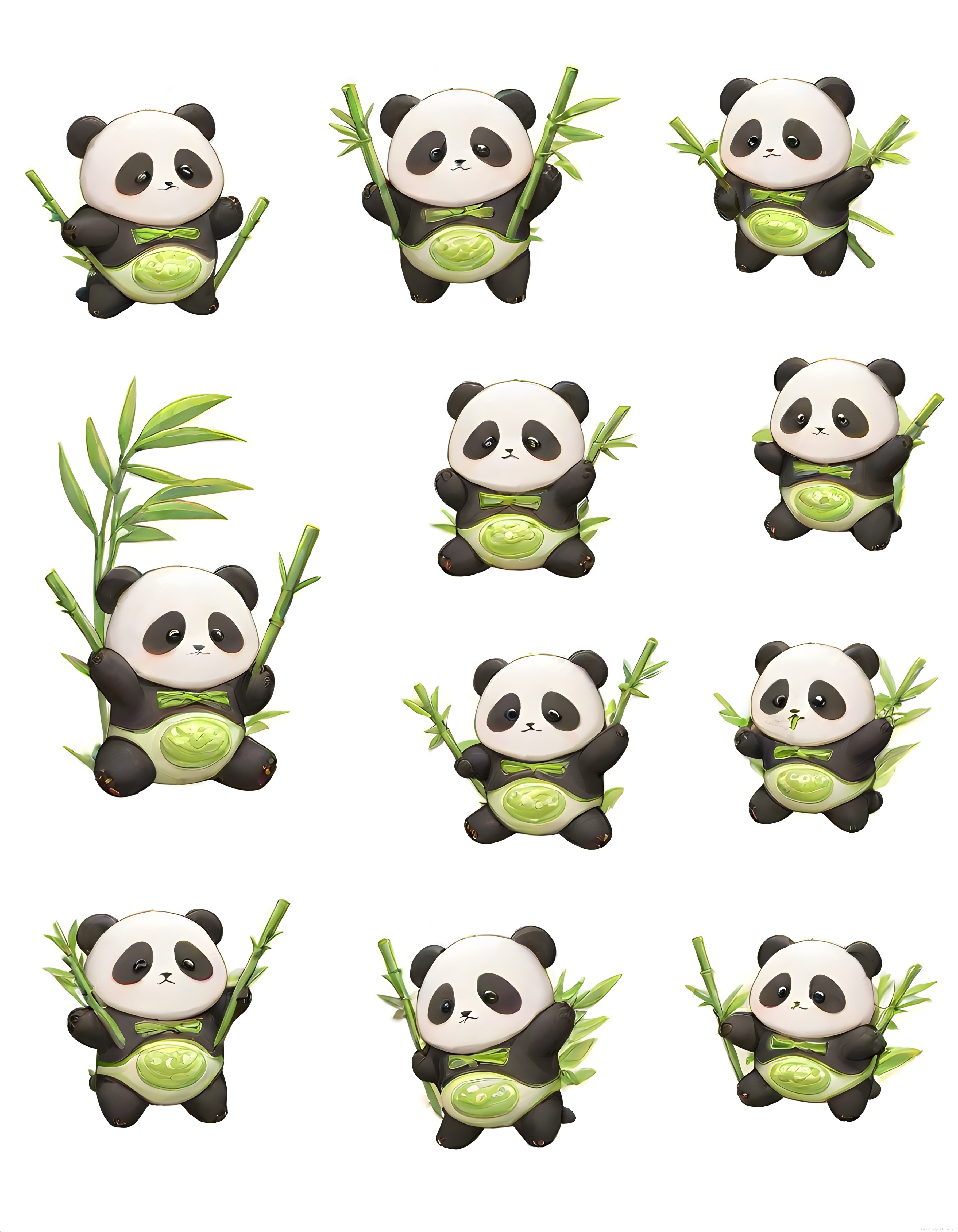 Bambu Tutan Sevimli Panda Karakterleri Çizgi Film Stili Dijital İllüstrasyon Seti