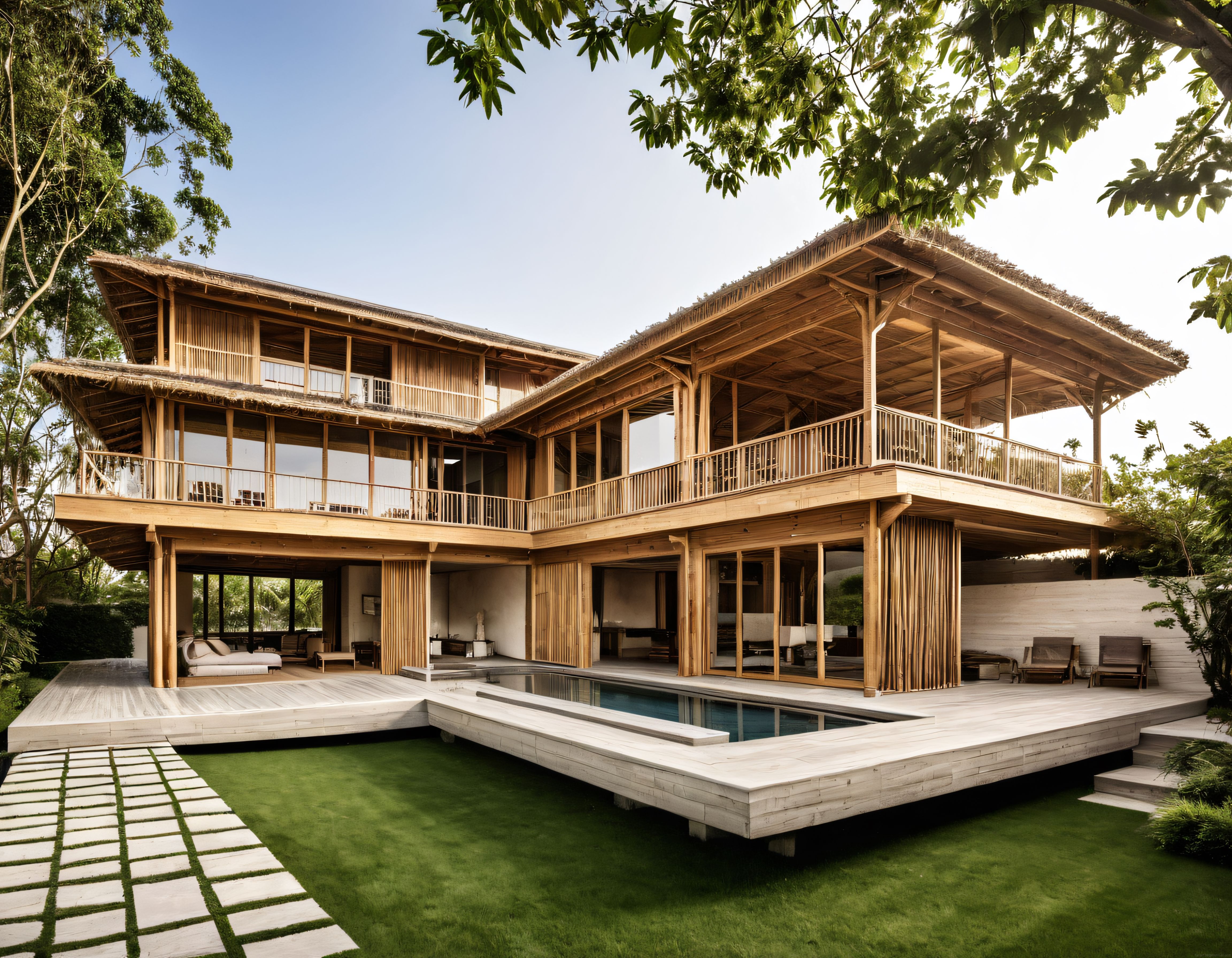 Bambu ve Ahşap Detaylarla Çevre Dostu Tropikal Havuzlu Modern Villa Tasarımı