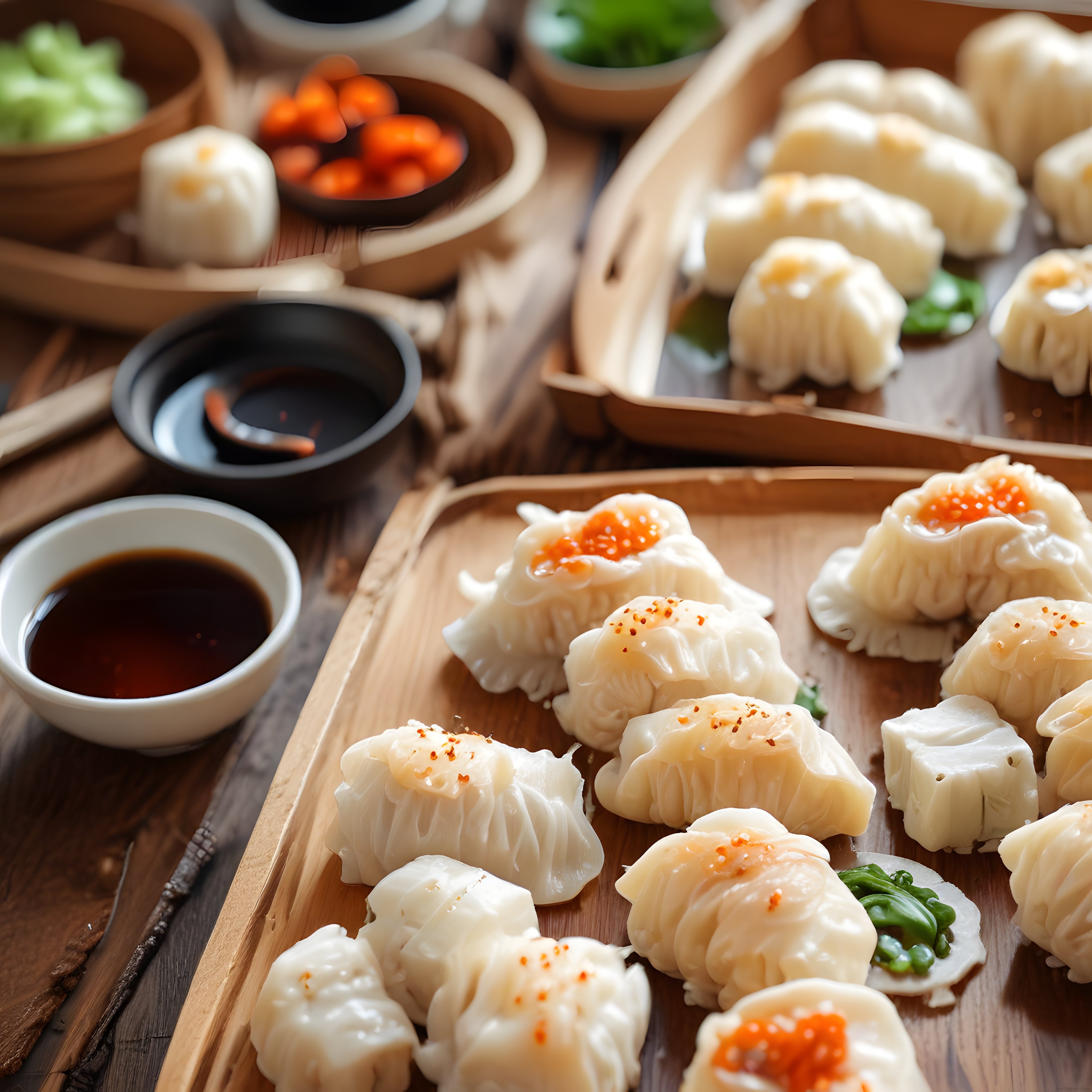 bambu ve ahşap tepsilerde sunulan geleneksel dim sum mantı çeşitleri
