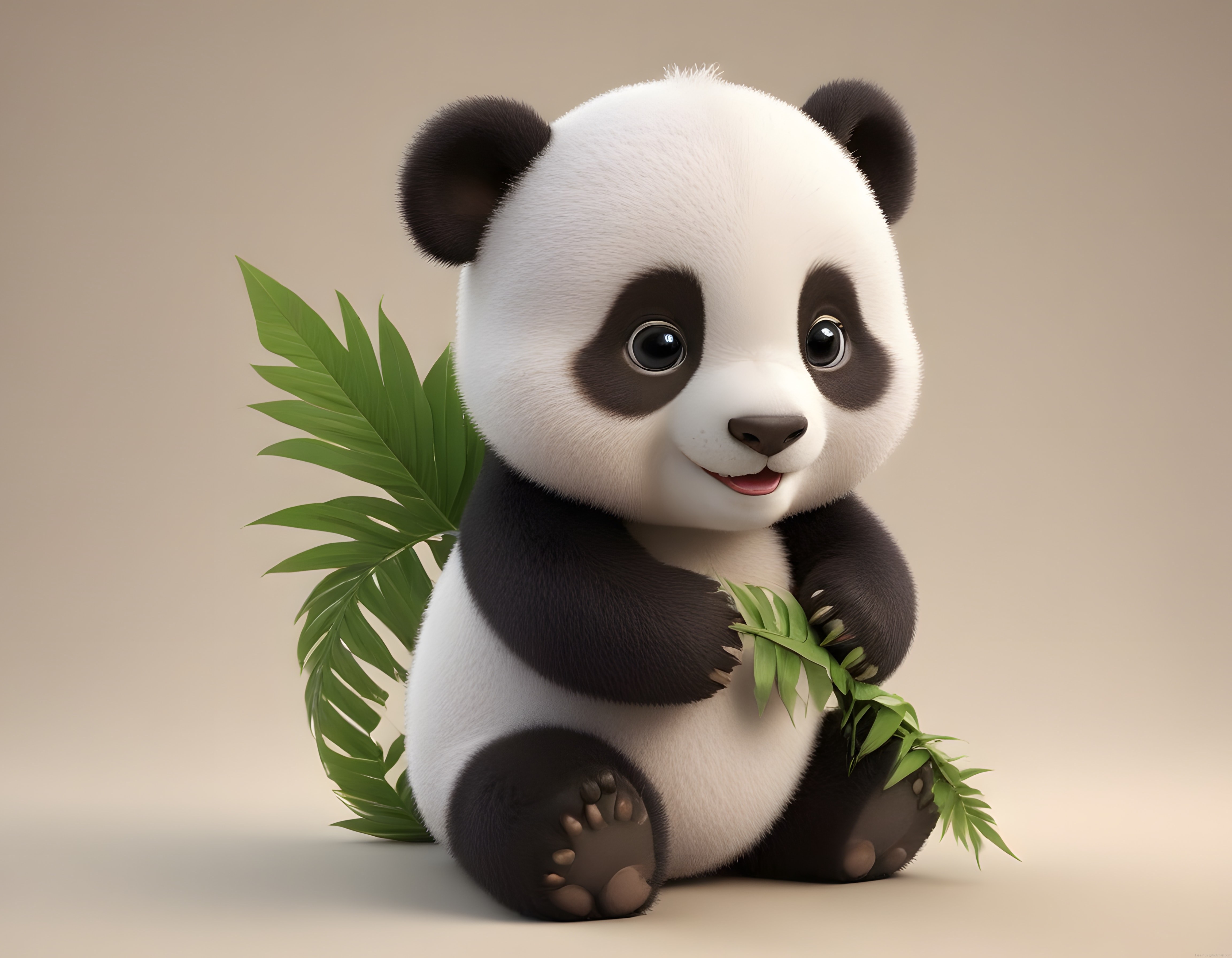bambu yaprağı tutan gözleri kocaman sevimli 3d panda yavrusu illüstrasyonu