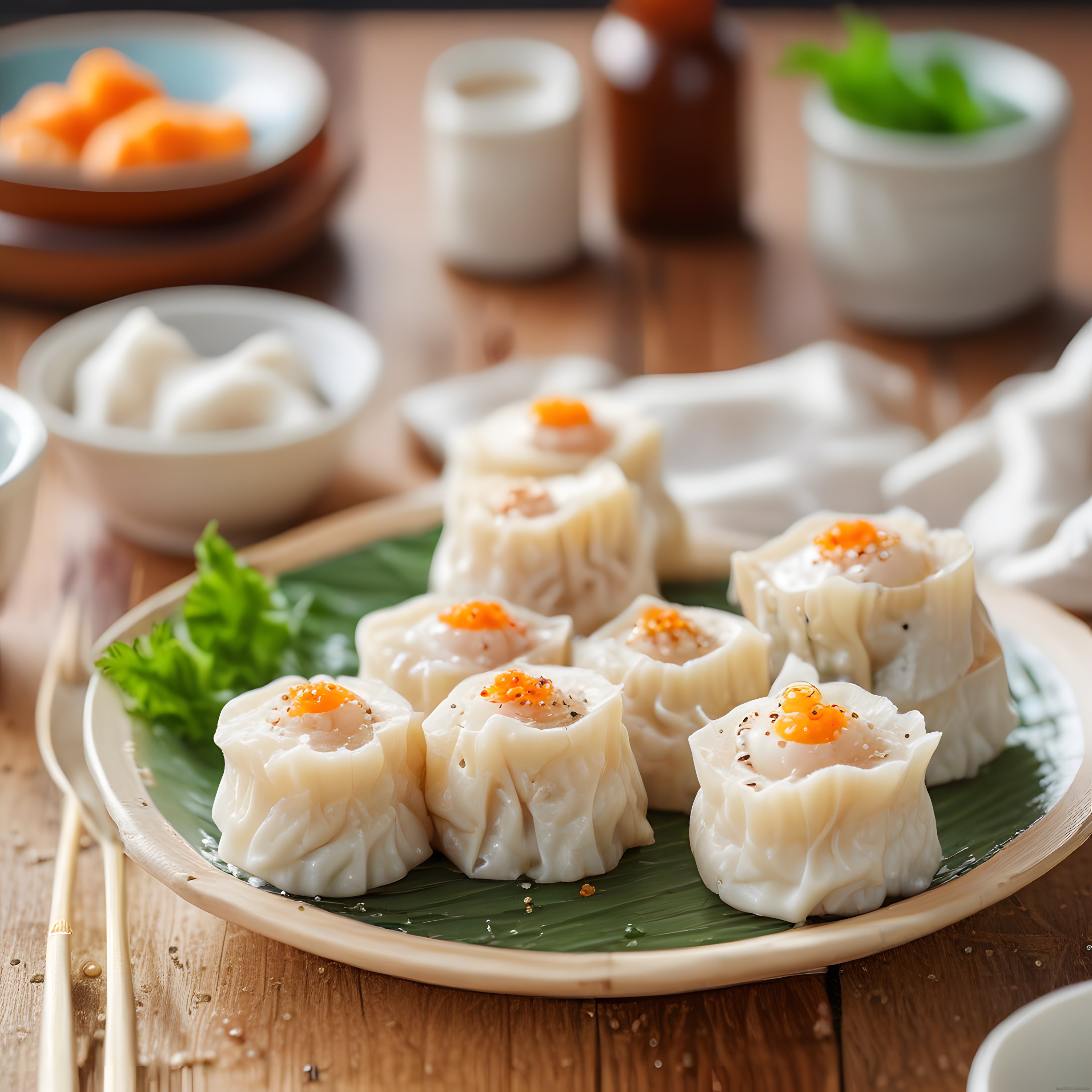 Bambu Yaprağı Üzerinde Sunulan Taze Shumai Mantıları ve Geleneksel Çin Sosları