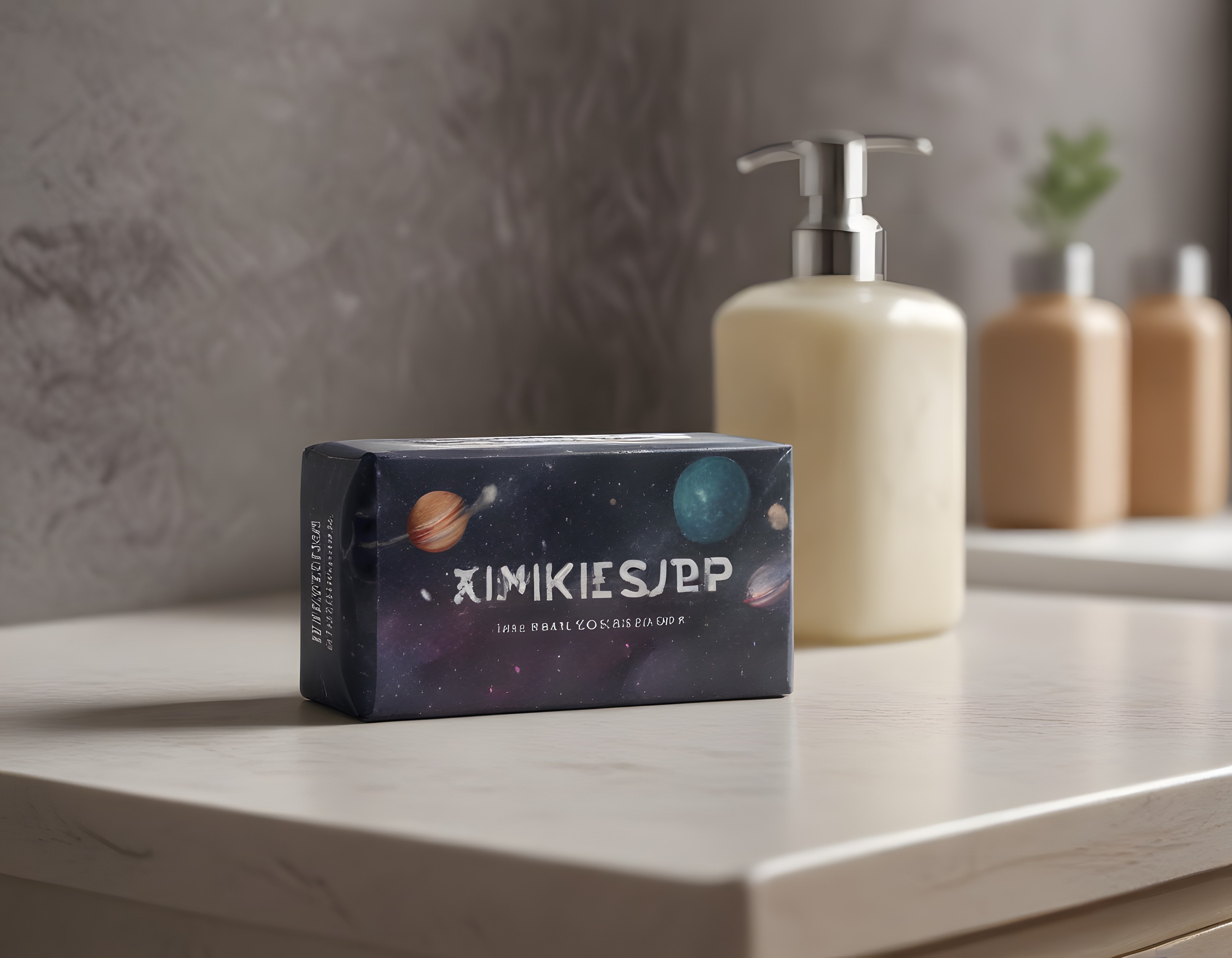 Banyo dekorasyonunda gezegen desenli sabun paketi ve pompalı losyon şişesi