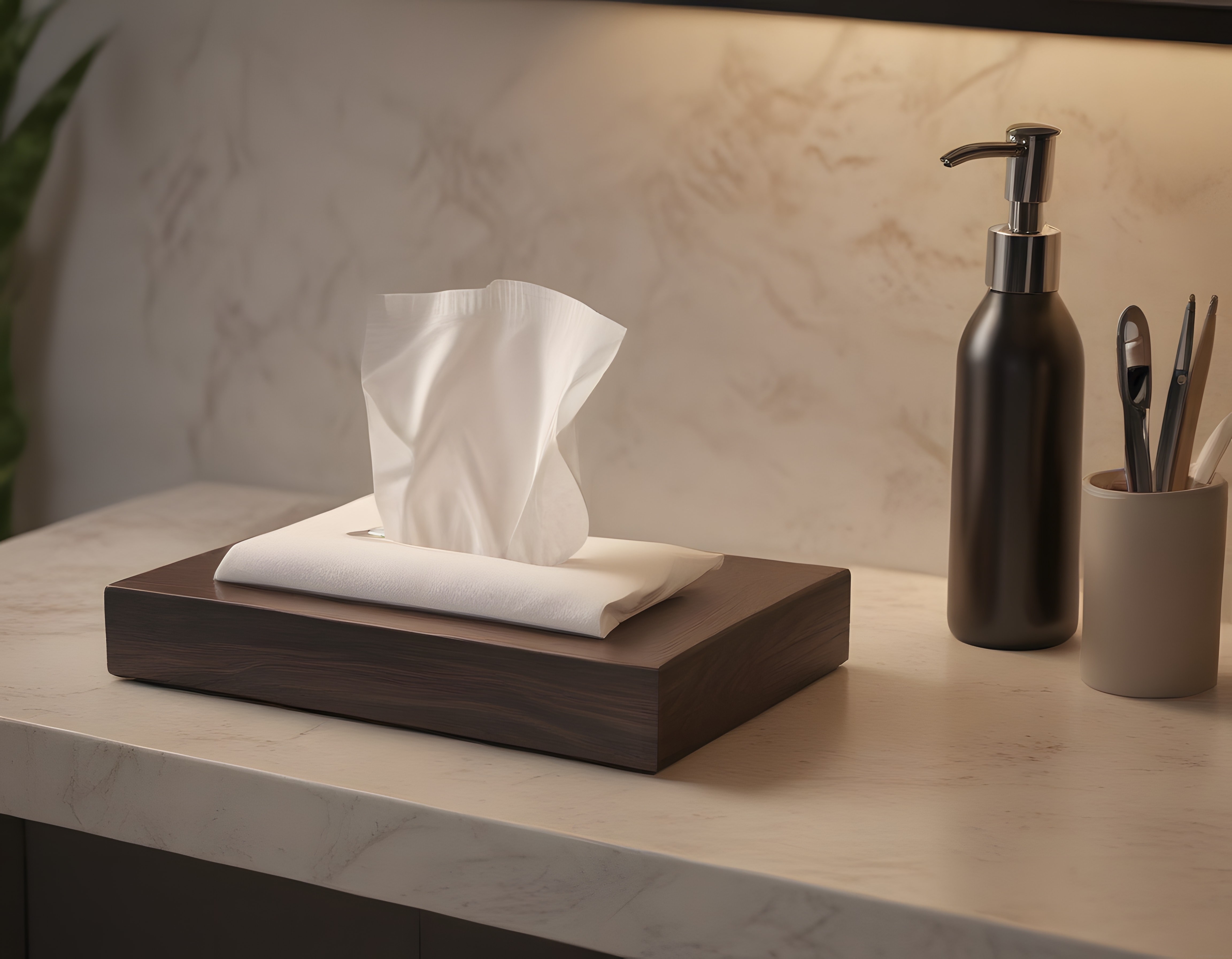 Banyo Tezgahında Ahşap Peçetelik ve Siyah Metal Aksesuarlarla Modern Şıklık