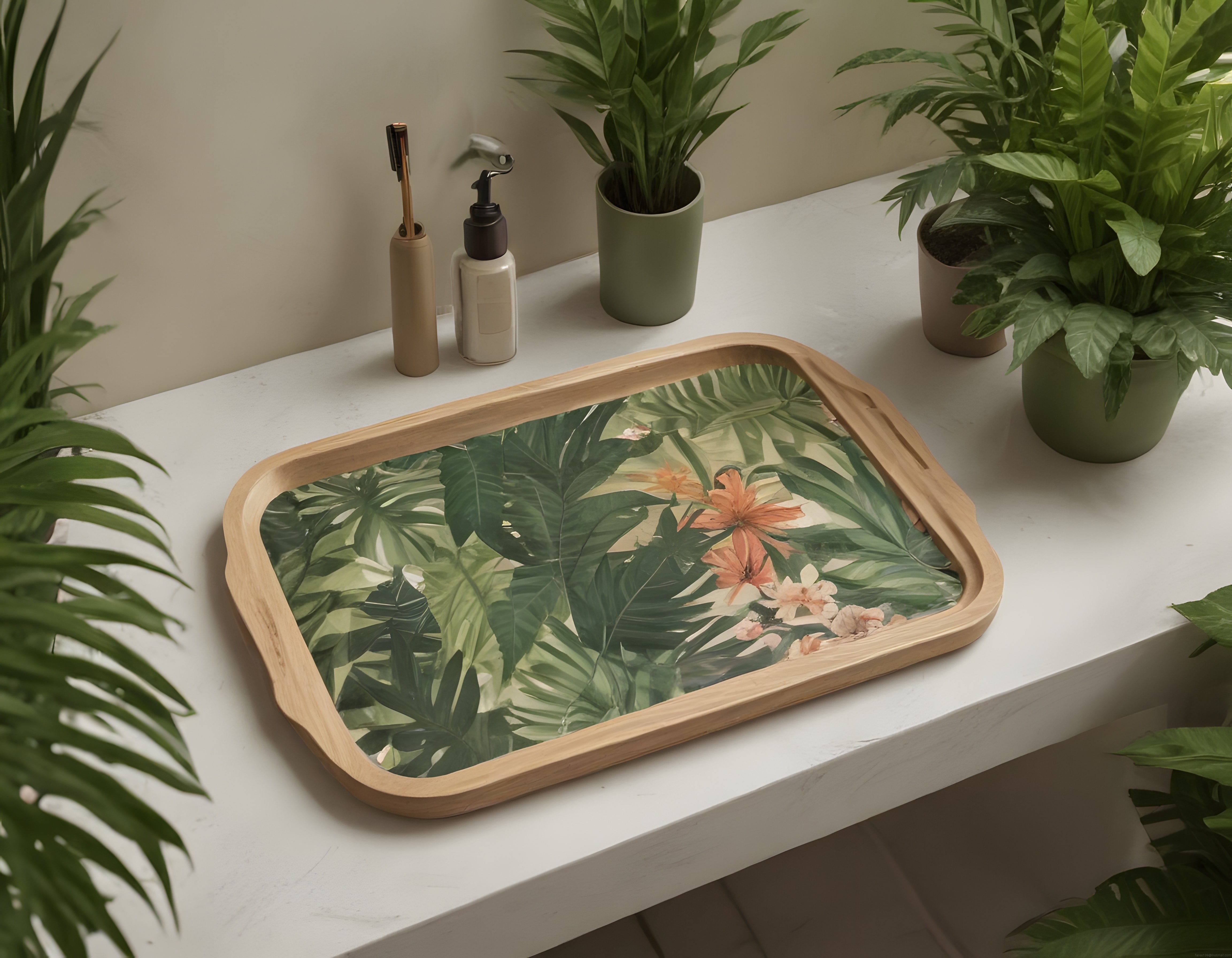 banyo tezgahında tropikal desenli ahşap tepsi ve doğal bitki dekorasyonu