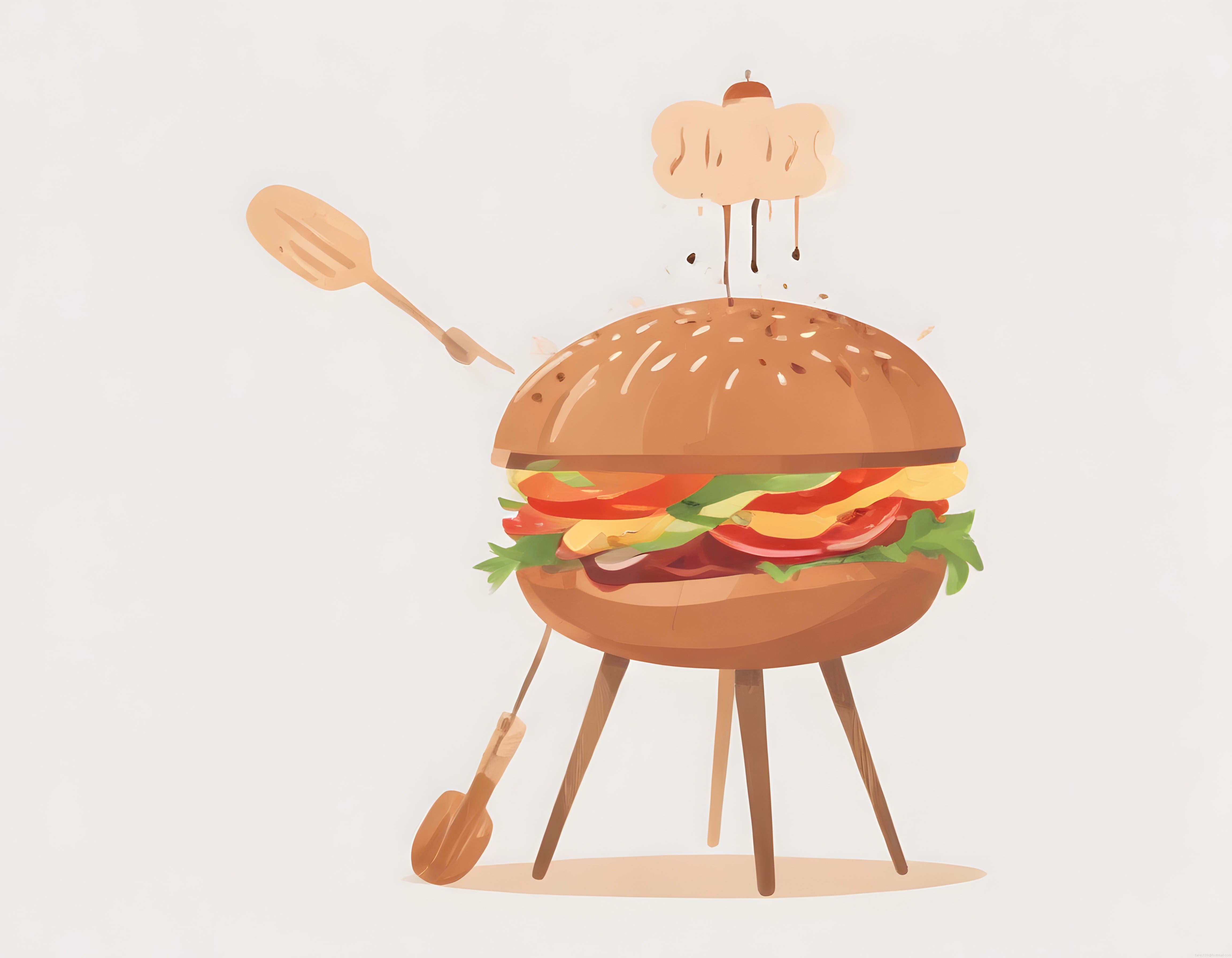 Barbekü Mangalın Üzerinde Şirin Dev Hamburger İllüstrasyonu ve Spatula