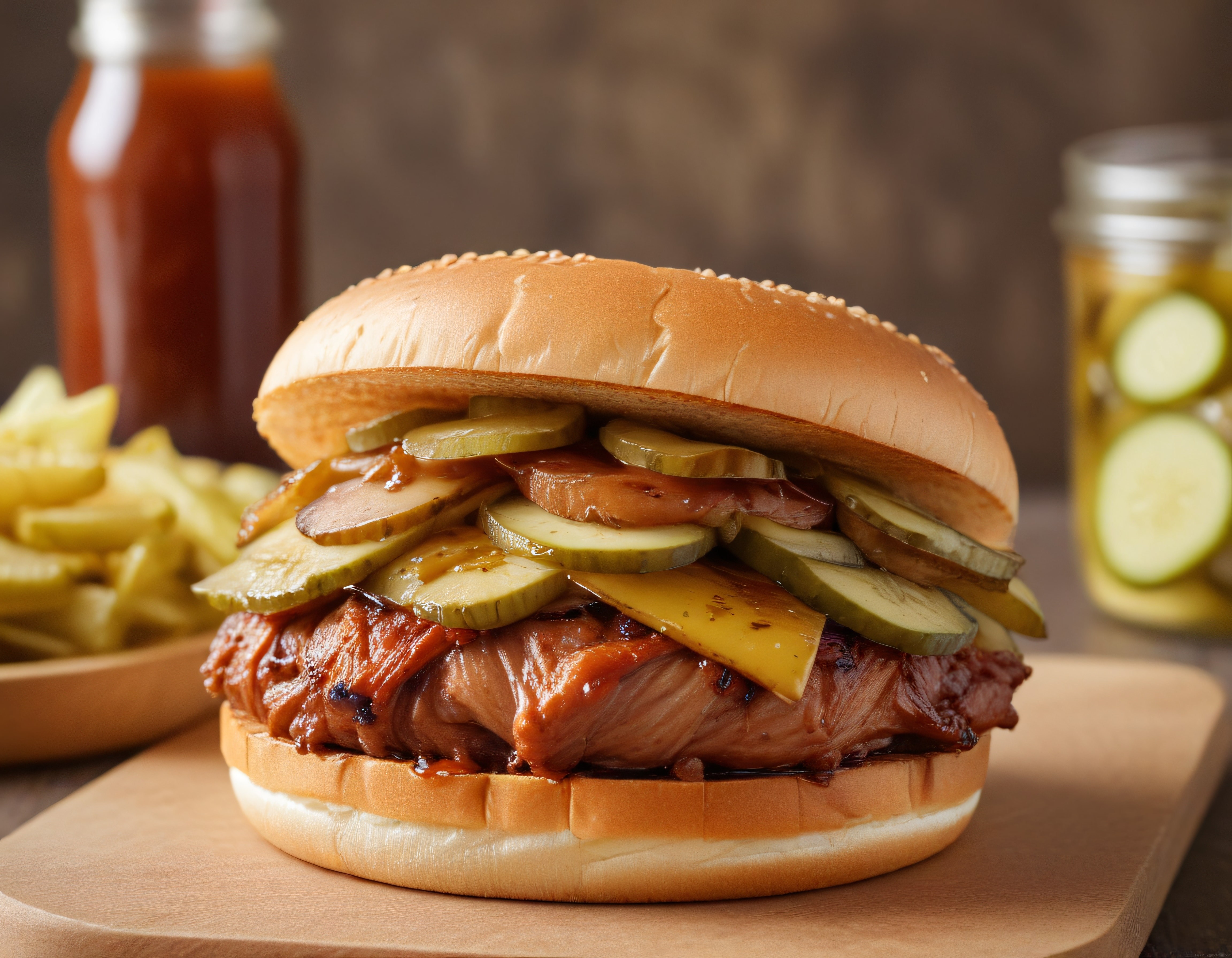 Barbekü Soslu Dana Etli Bol Turşulu Gourmet Burger ve Patates Kızartması