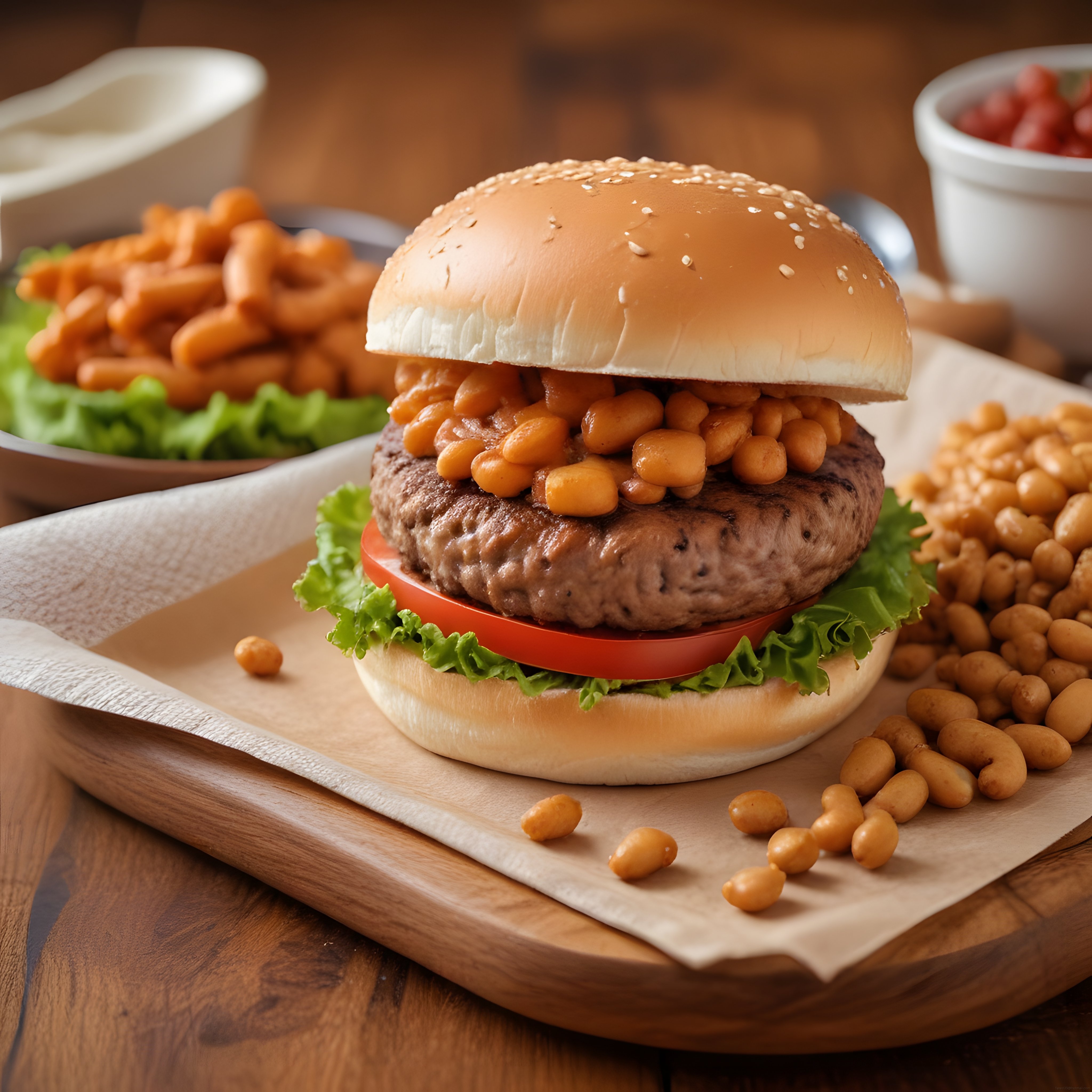 Barbekü soslu fasulye ile süslenmiş ızgara köfteli hamburger sunumu
