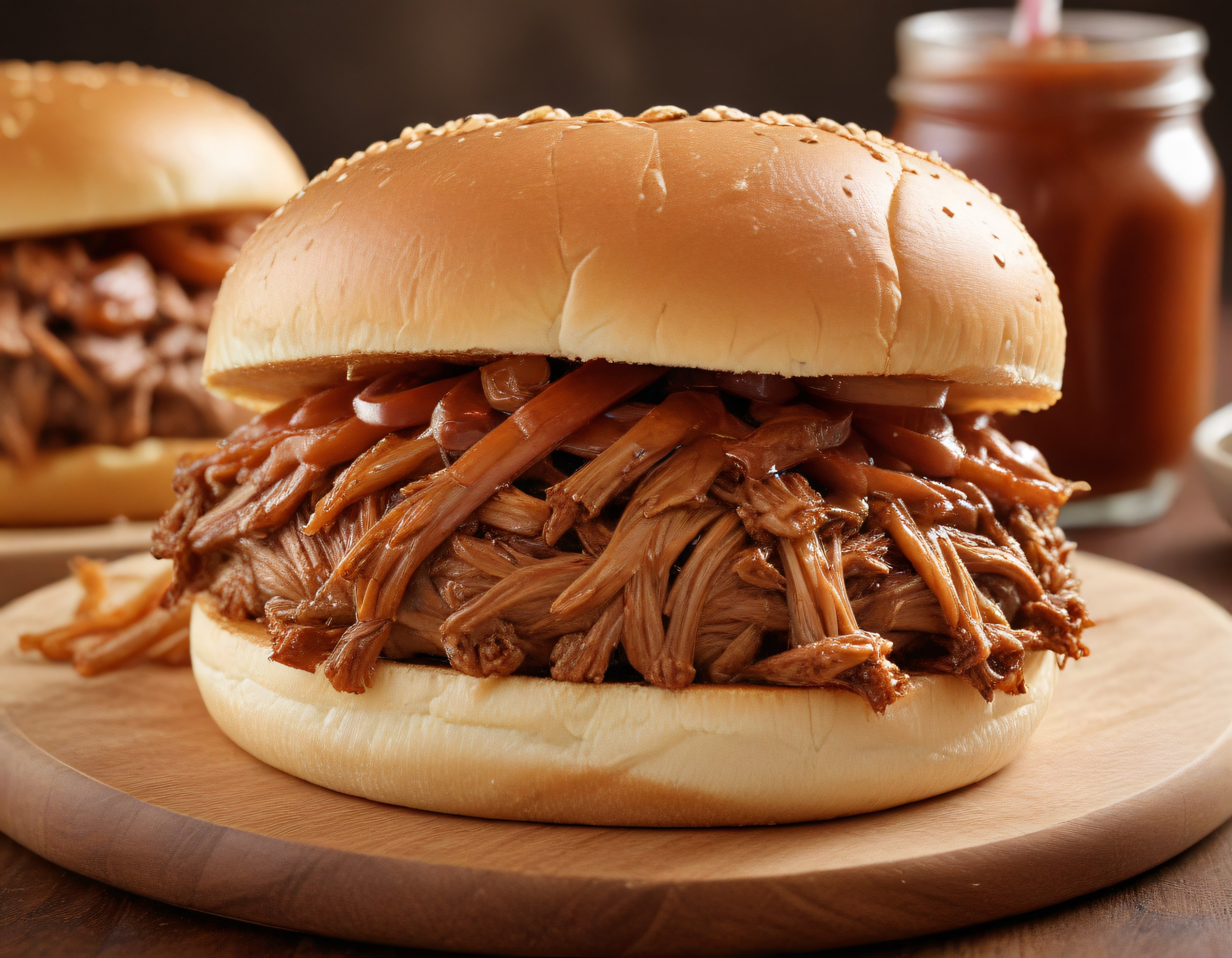 Barbekü soslu pulled pork sandviç, susamlı ekmek ve ahşap sunum tahtası