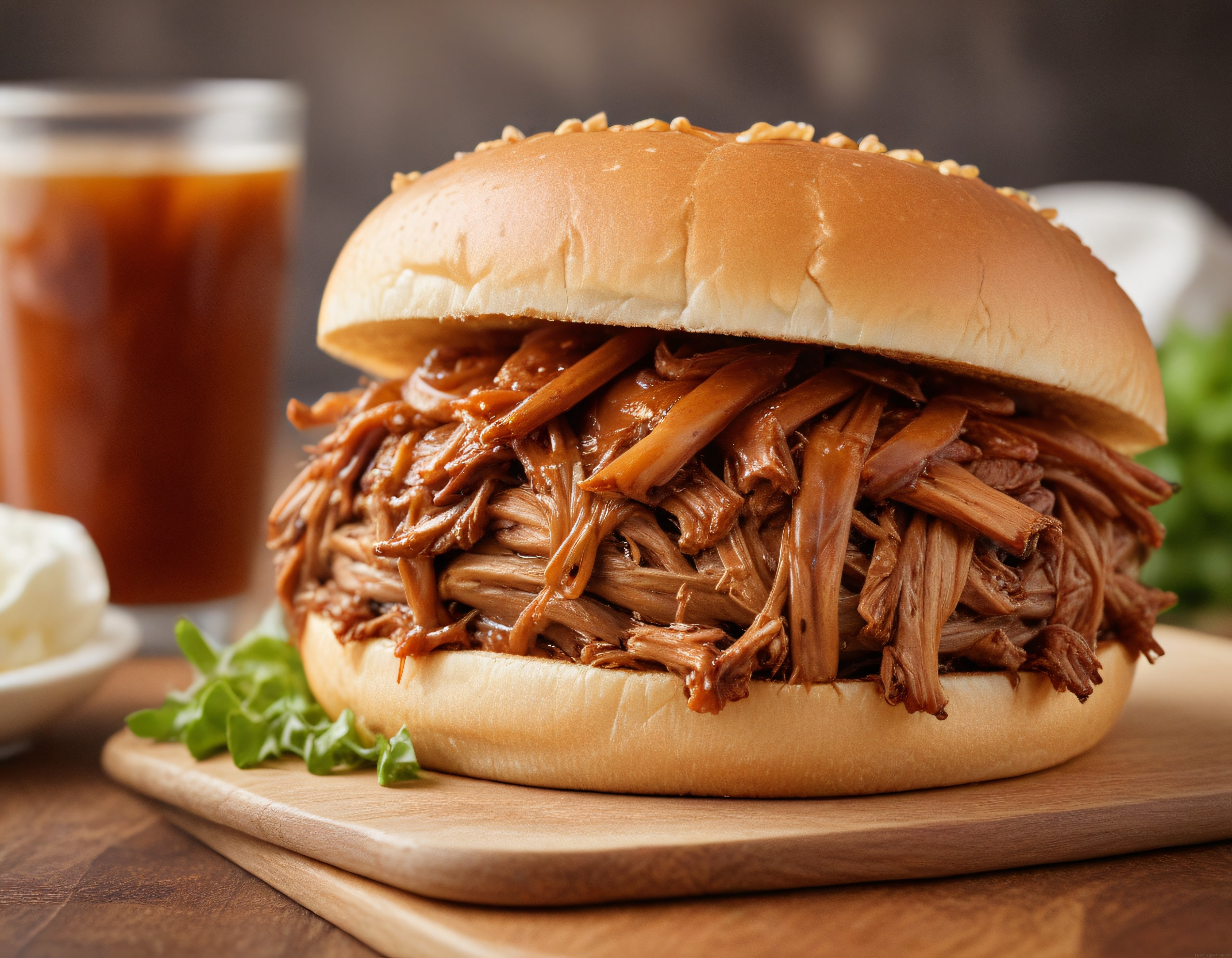 Barbekü soslu pulled pork sandviç, yumuşak ekmek üzerinde tel tel lezzetli et