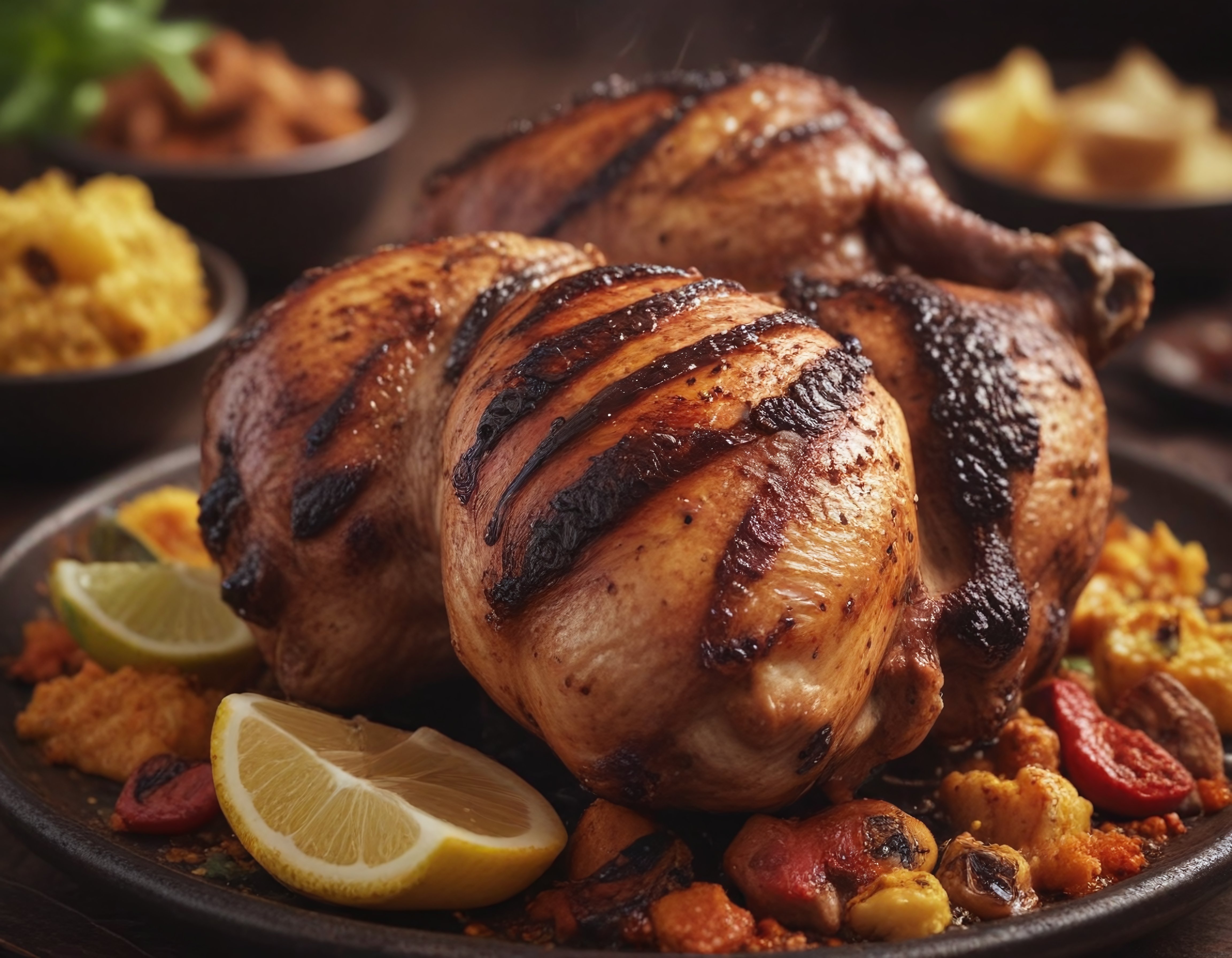 Barbekü tavuk butu ve közlenmiş sebzelerle iştah açıcı sunum
