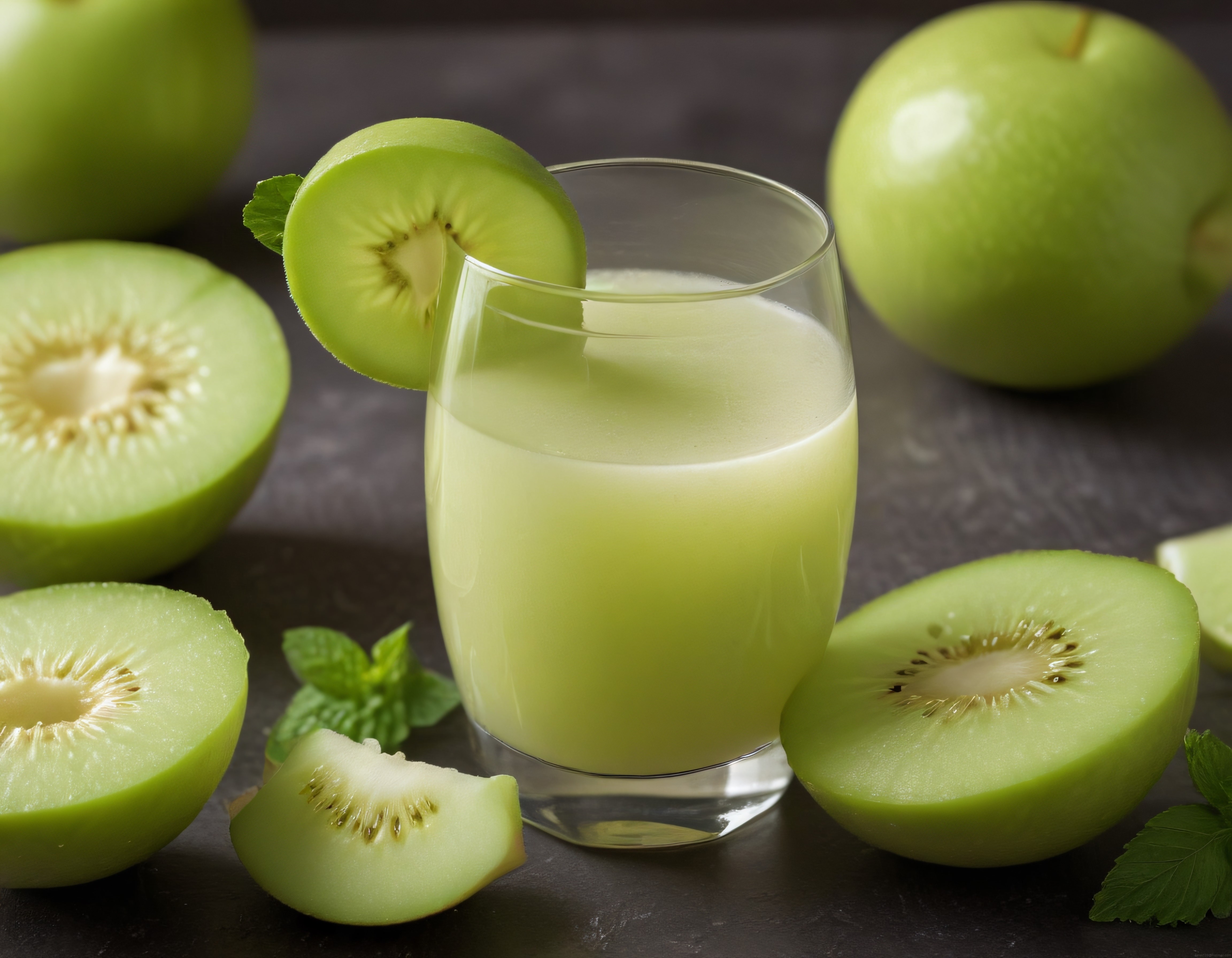 Bardağa Dilimlenmiş Kivi ve Elma ile Ferahlatıcı Smoothie Sunumu