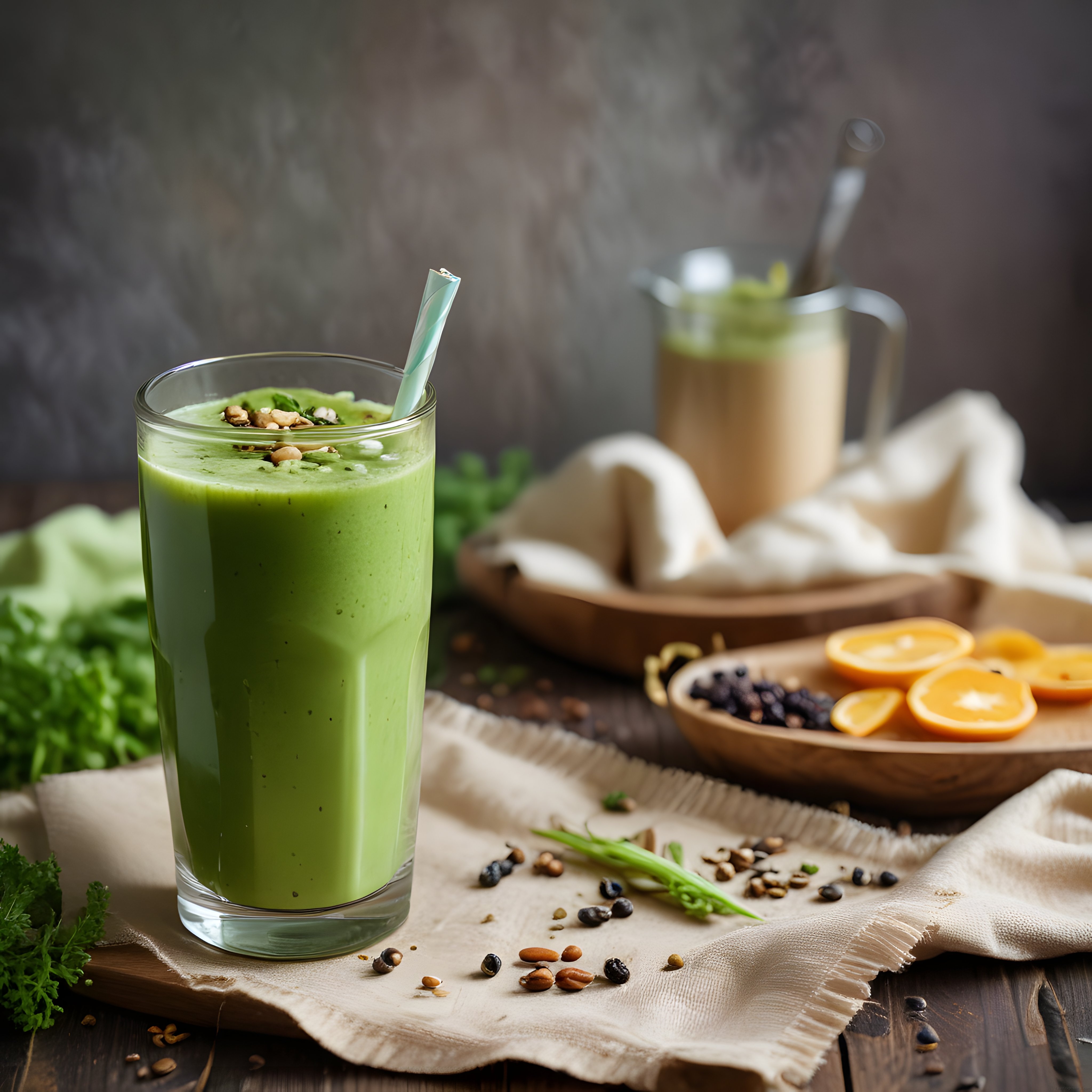 Bardağında sütlü ıspanaklı detoks yeşil smoothie ve portakal meyve servisi