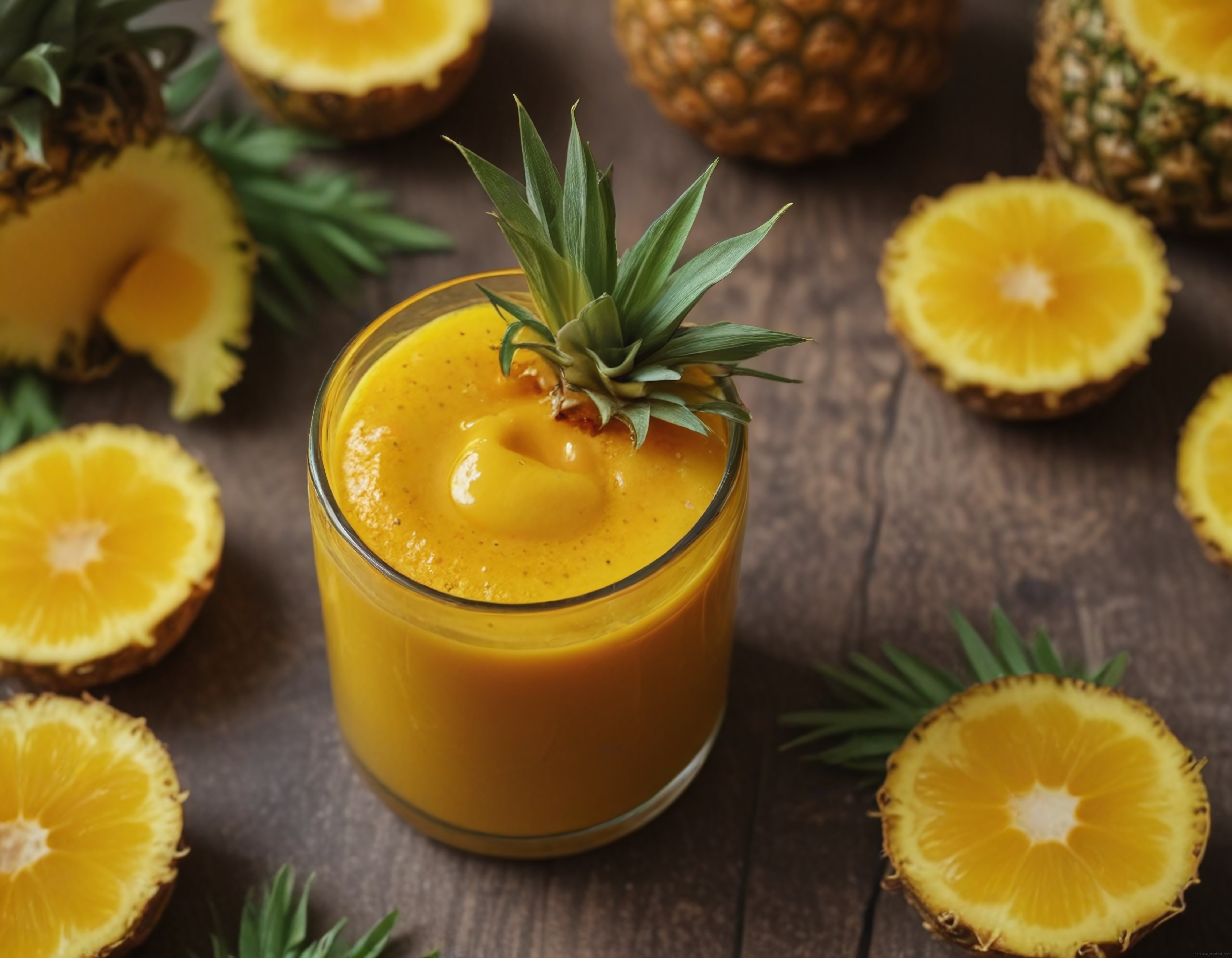Bardakta Ananas Smoothie ve Etrafında Taze Kesilmiş Ananas Dilimleri