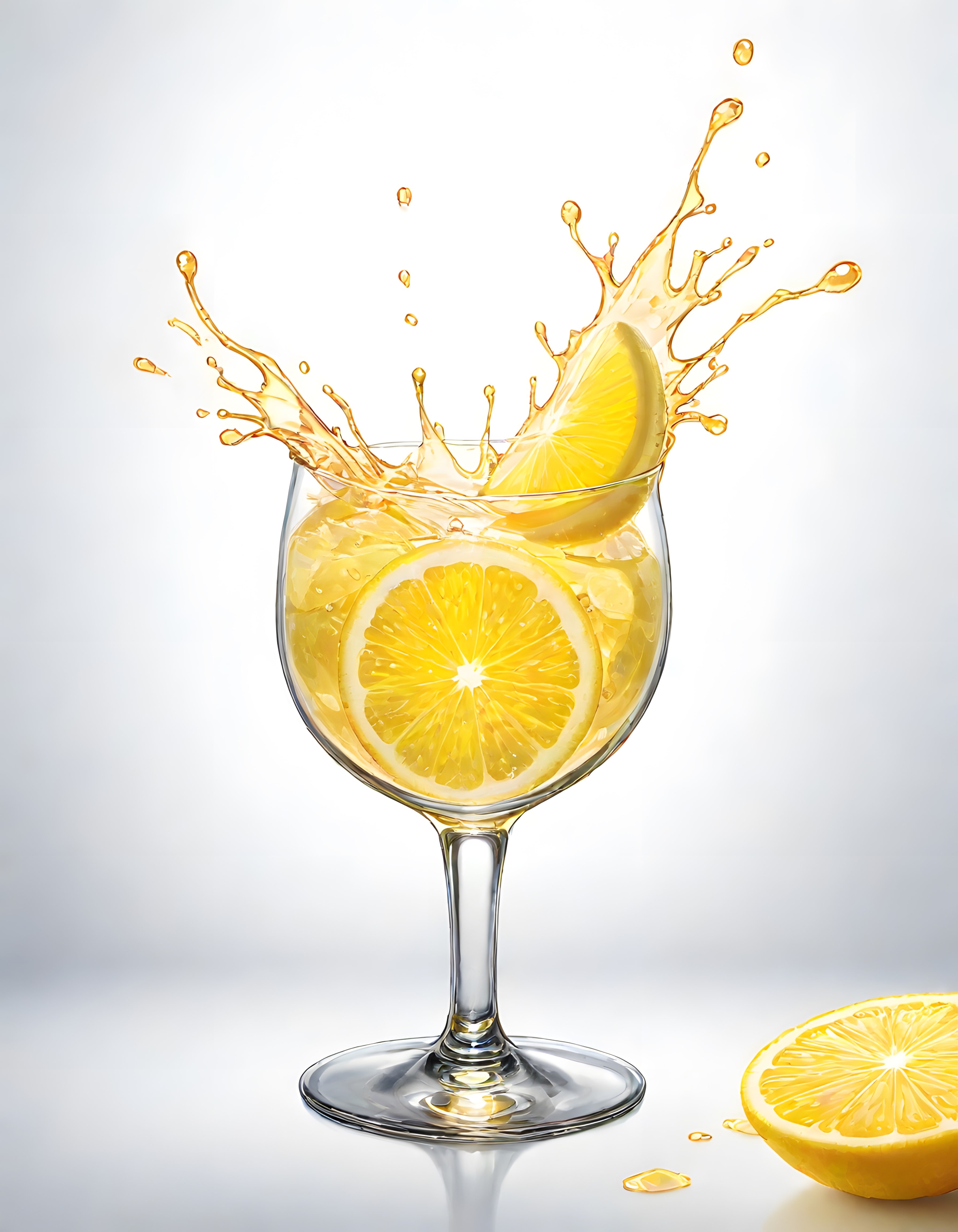 Bardakta Limon Dilimleriyle Süslenmiş Serinletici Sarı İçecek ve Patlama Efekti