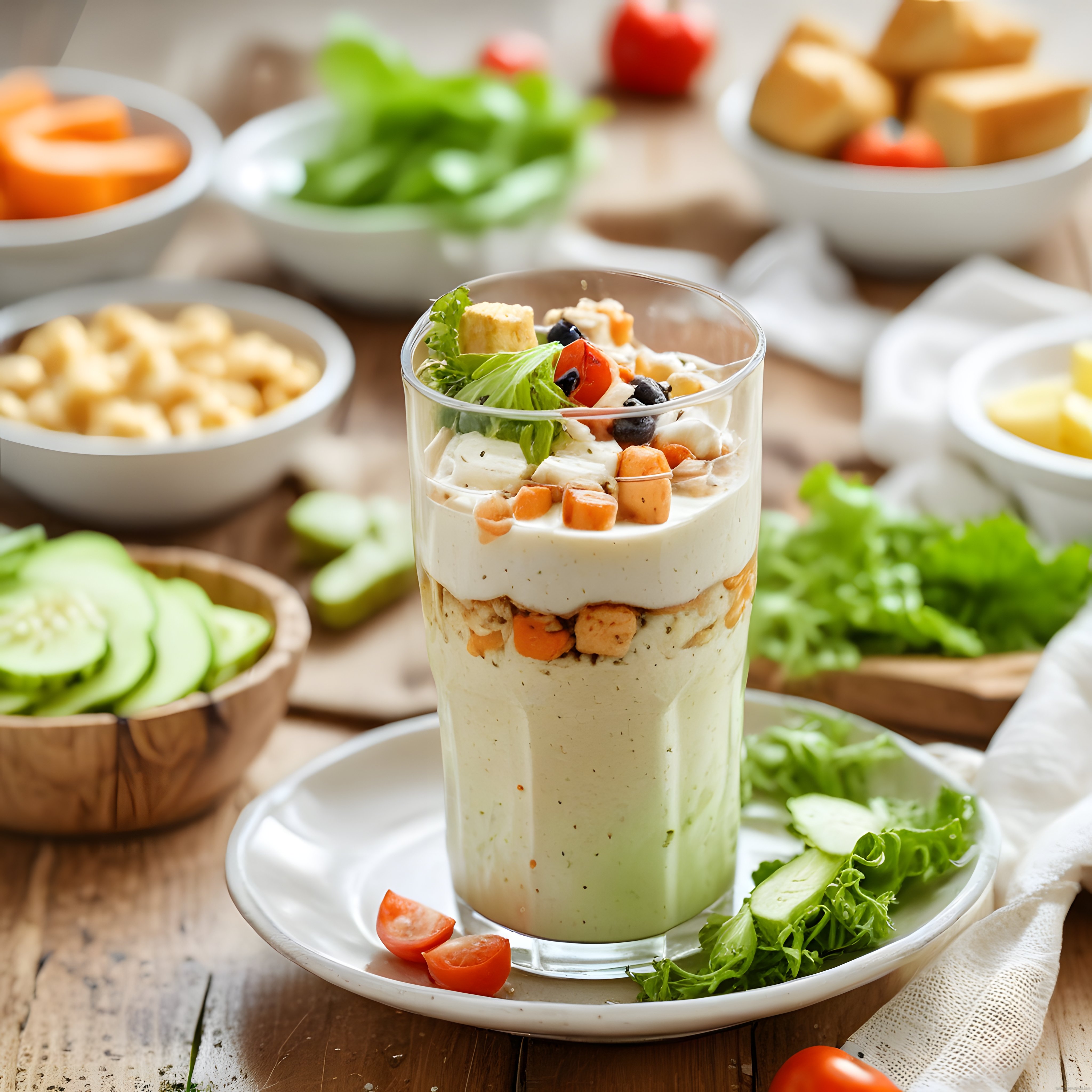 Bardakta Servis Edilmiş Katmanlı Salata: Kremalı Sos ve Taze Sebzeler