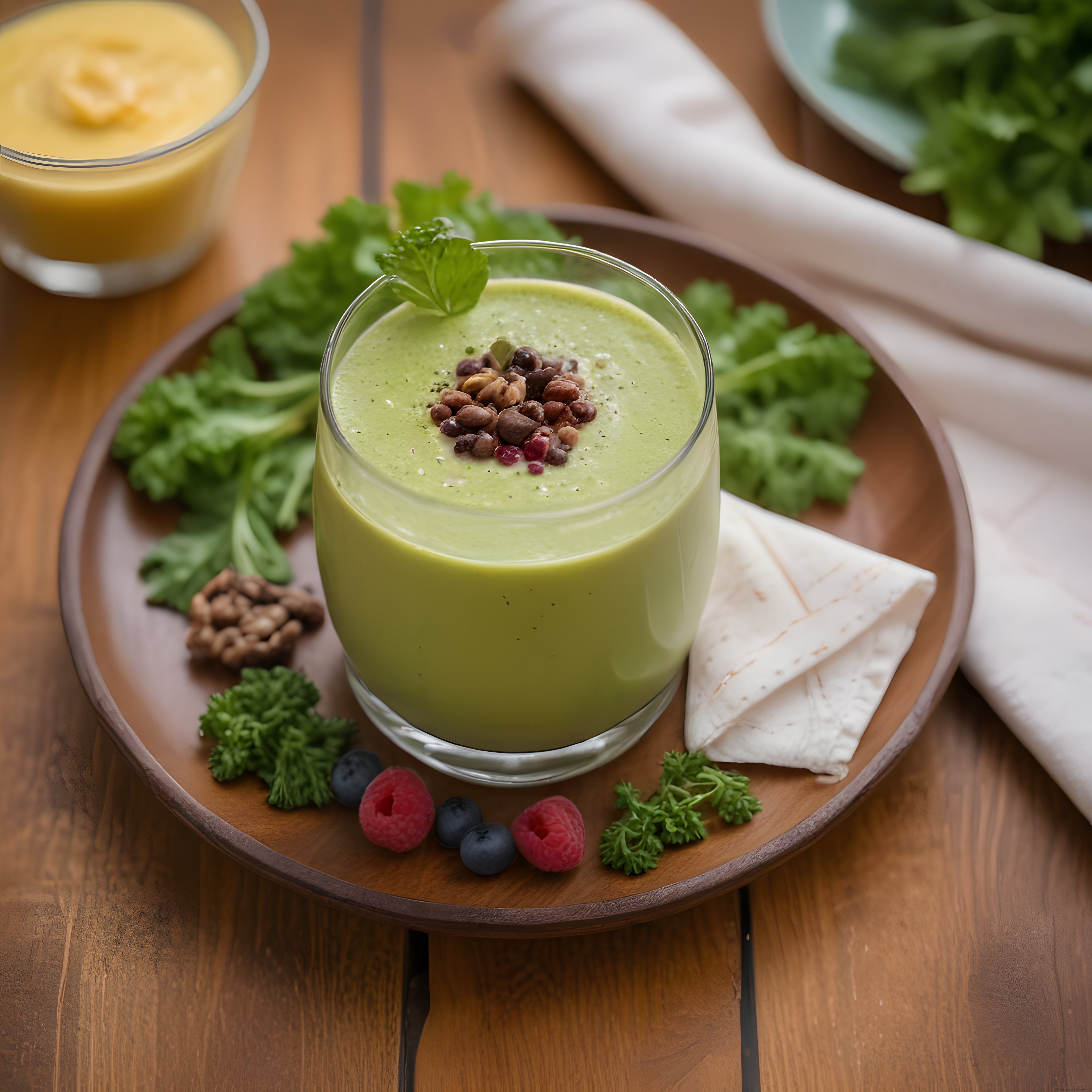 Bardakta Taze Yeşil Smoothie ve Ahşap Tepsi Üzerinde Sağlıklı Kahvaltı Sunumu