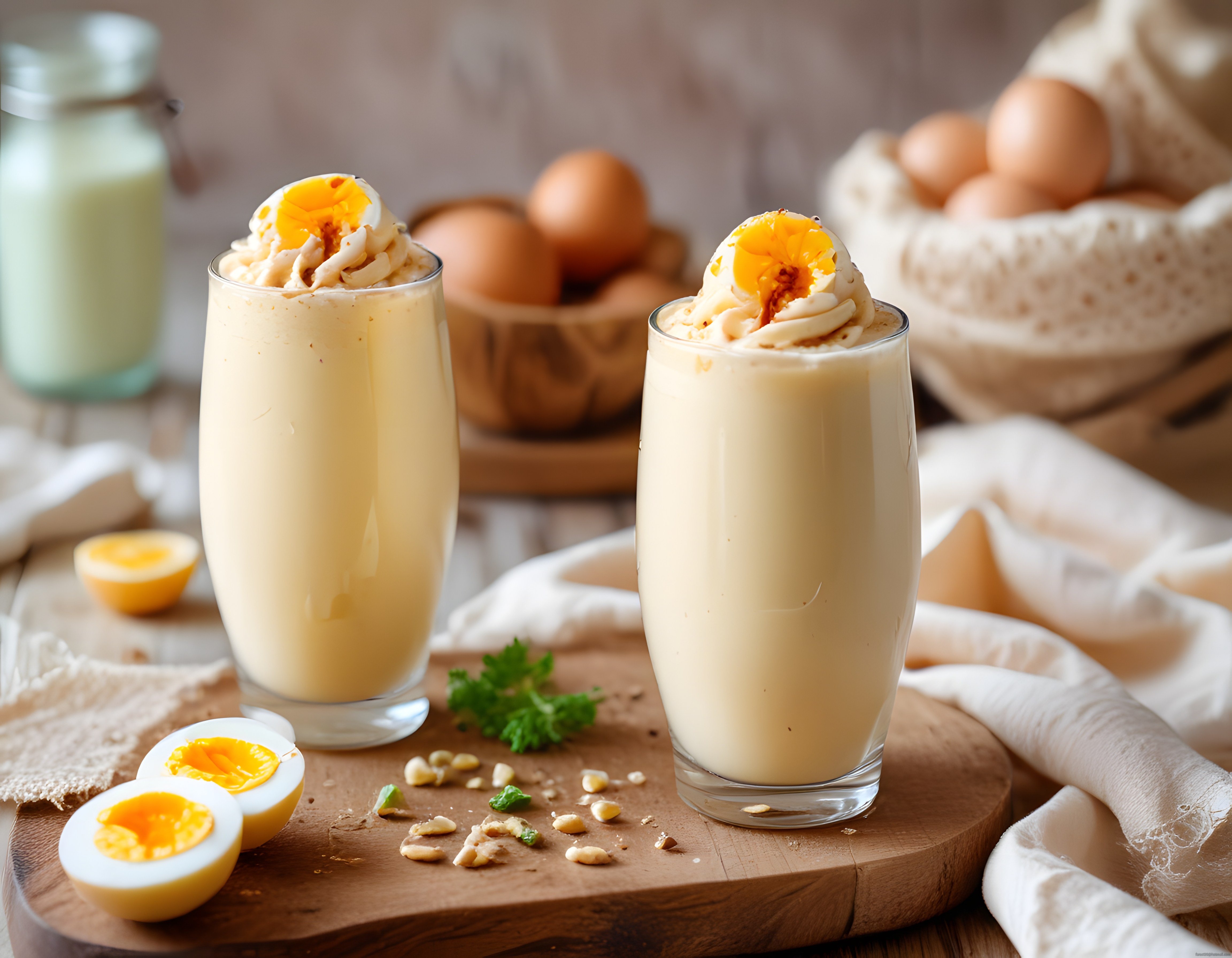 Bardakta yumurtalı kremsi kahvaltı: Taze yumurta ve süt ile rustik sunum
