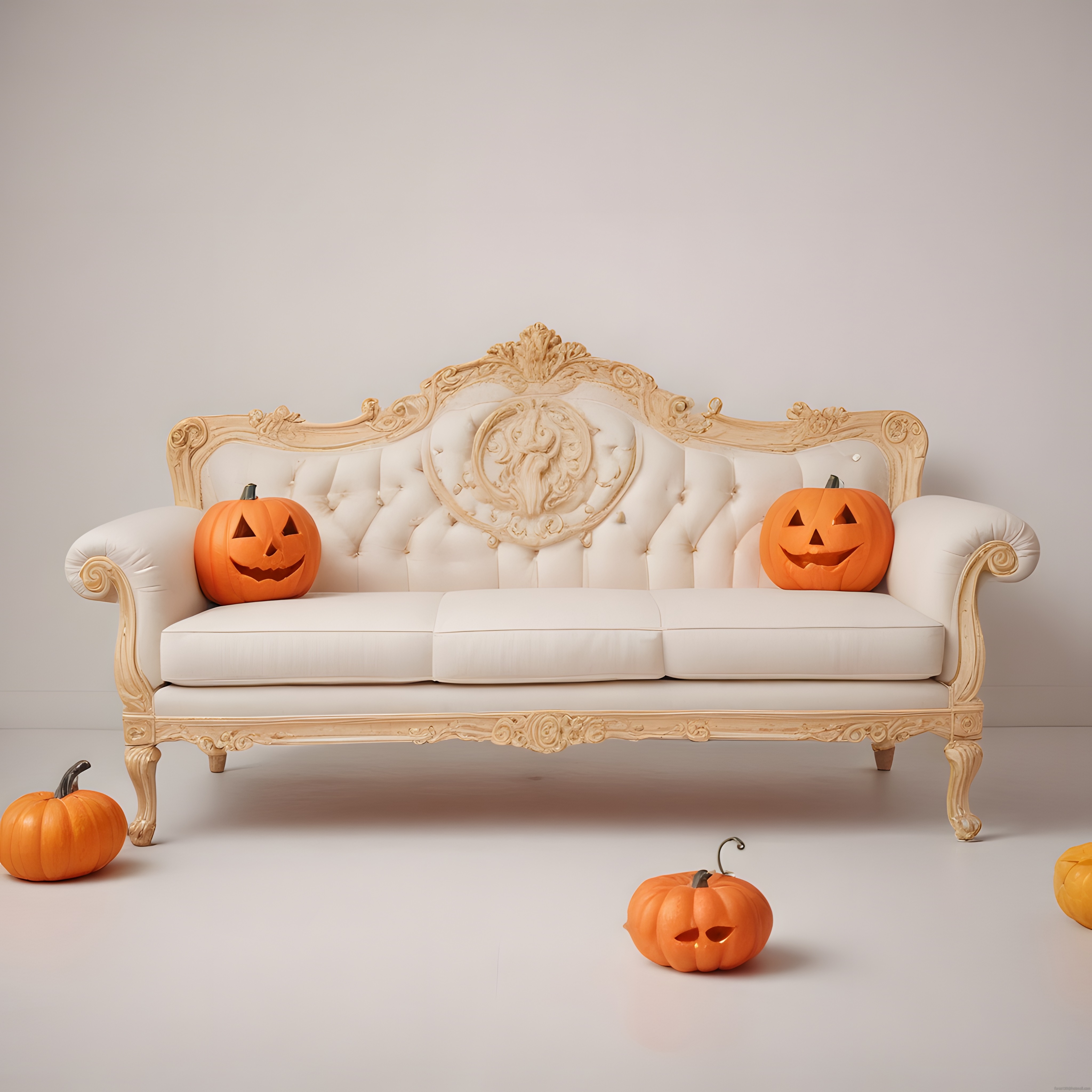 Barok Beyaz Kanepe ve Halloween Balkabağı ile Şık Sonbahar Dekorasyonu