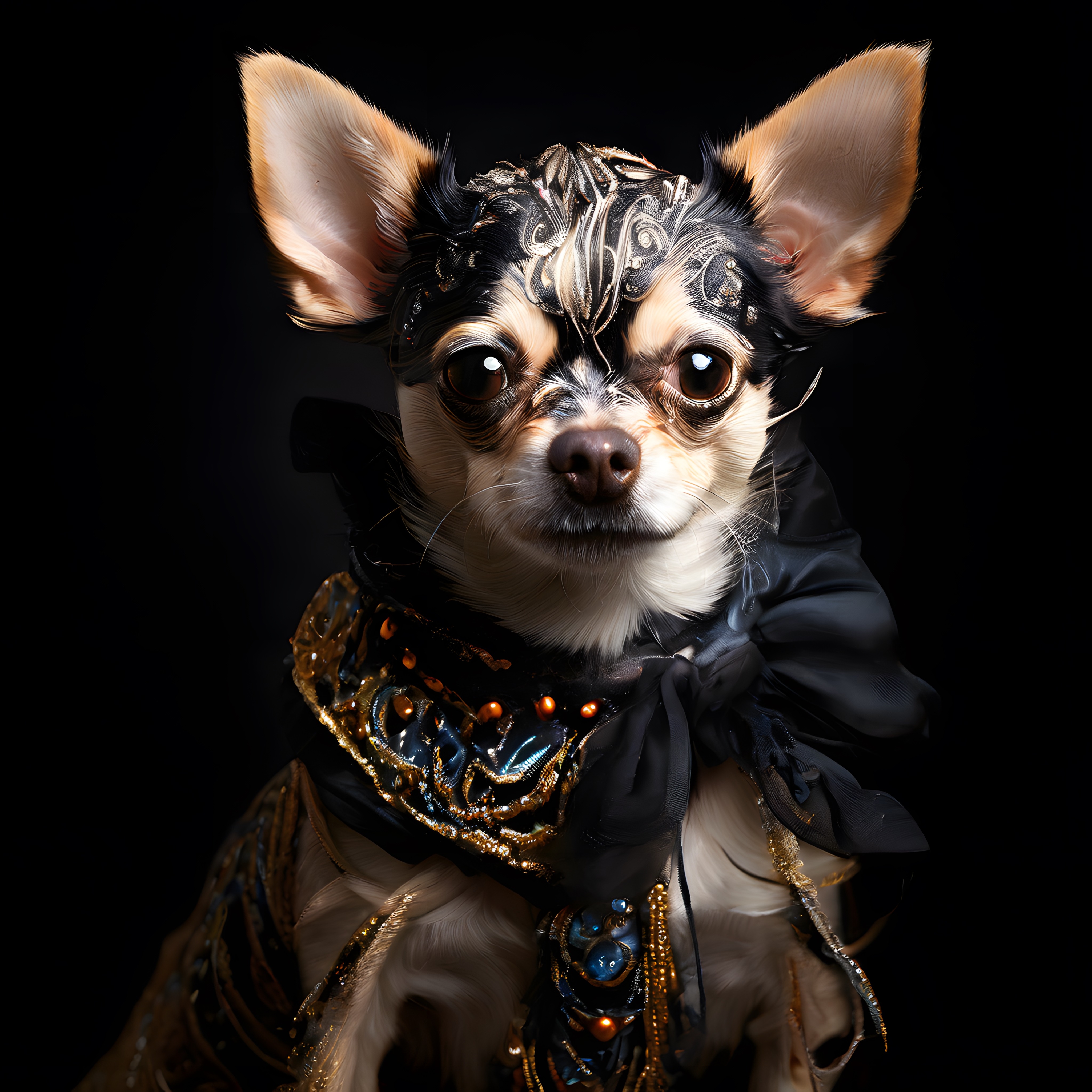 Barok Dönem Kıyafetleriyle Süslenmiş Chihuahua'nın Dijital Sanat Portresi