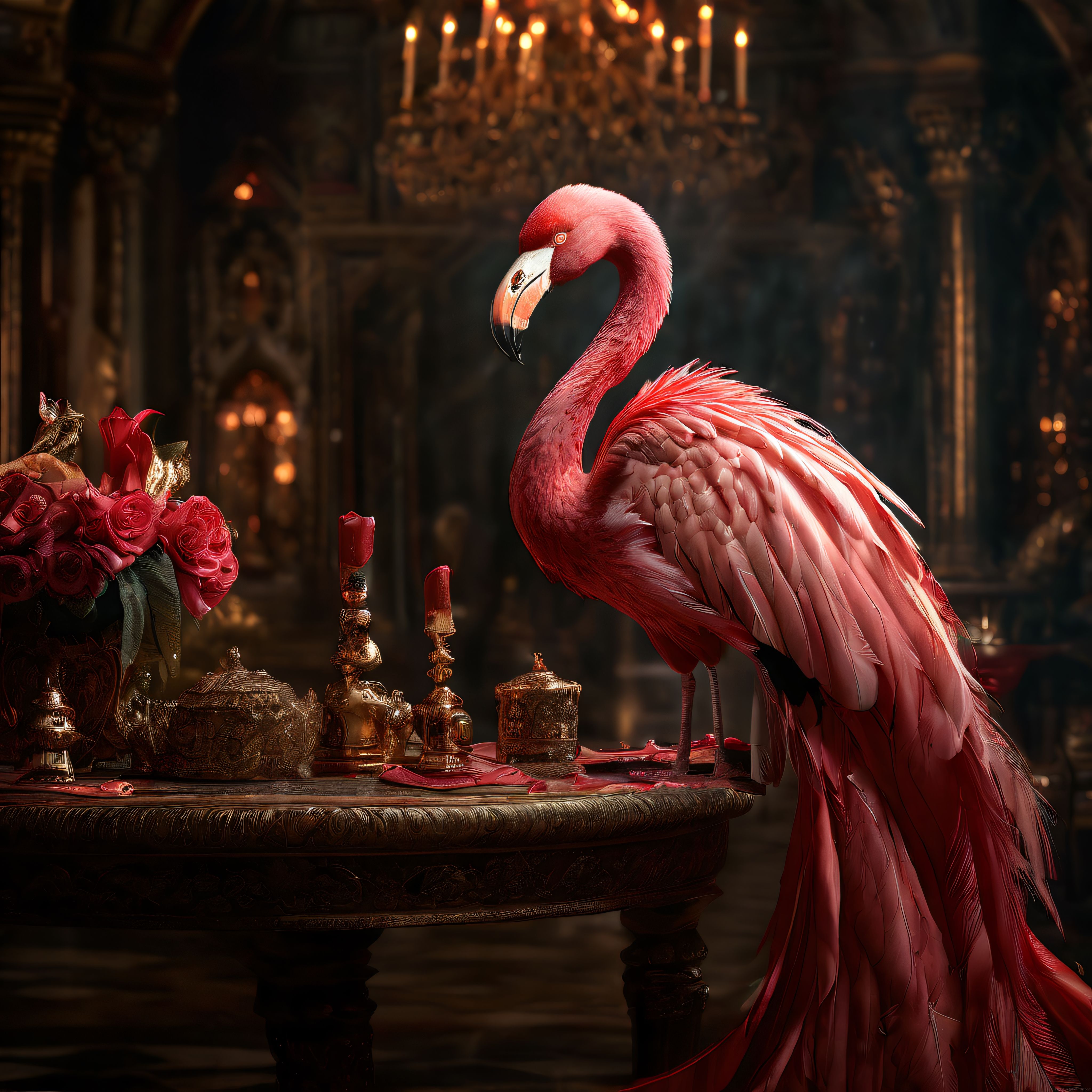 Barok salonda süslü masanın üzerinde duran pembe flamingo ve mum ışıkları