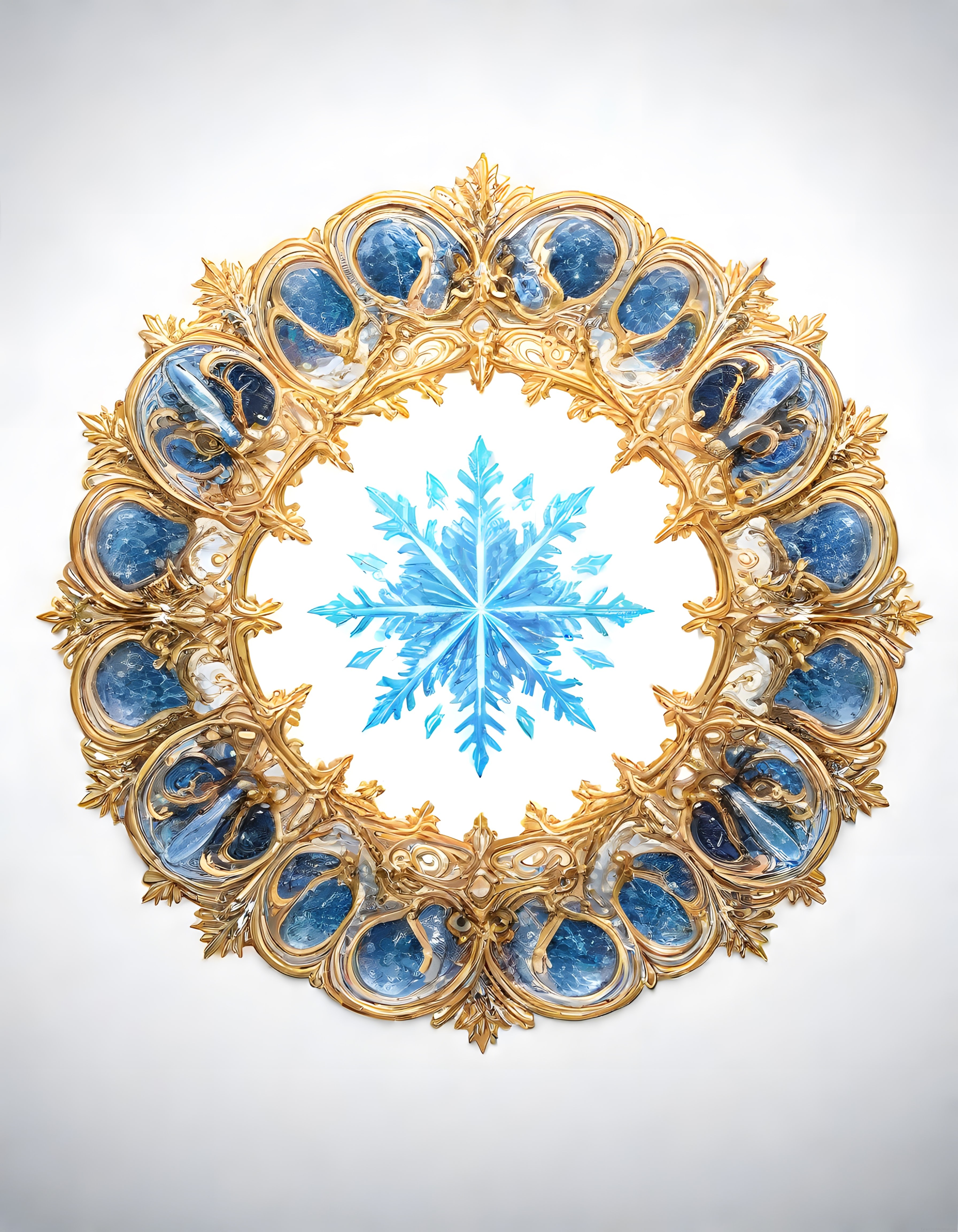 Barok Tarzı Altın Çerçeve İçinde Mavi Kristal Kar Tanesi Dijital Sanat Eseri