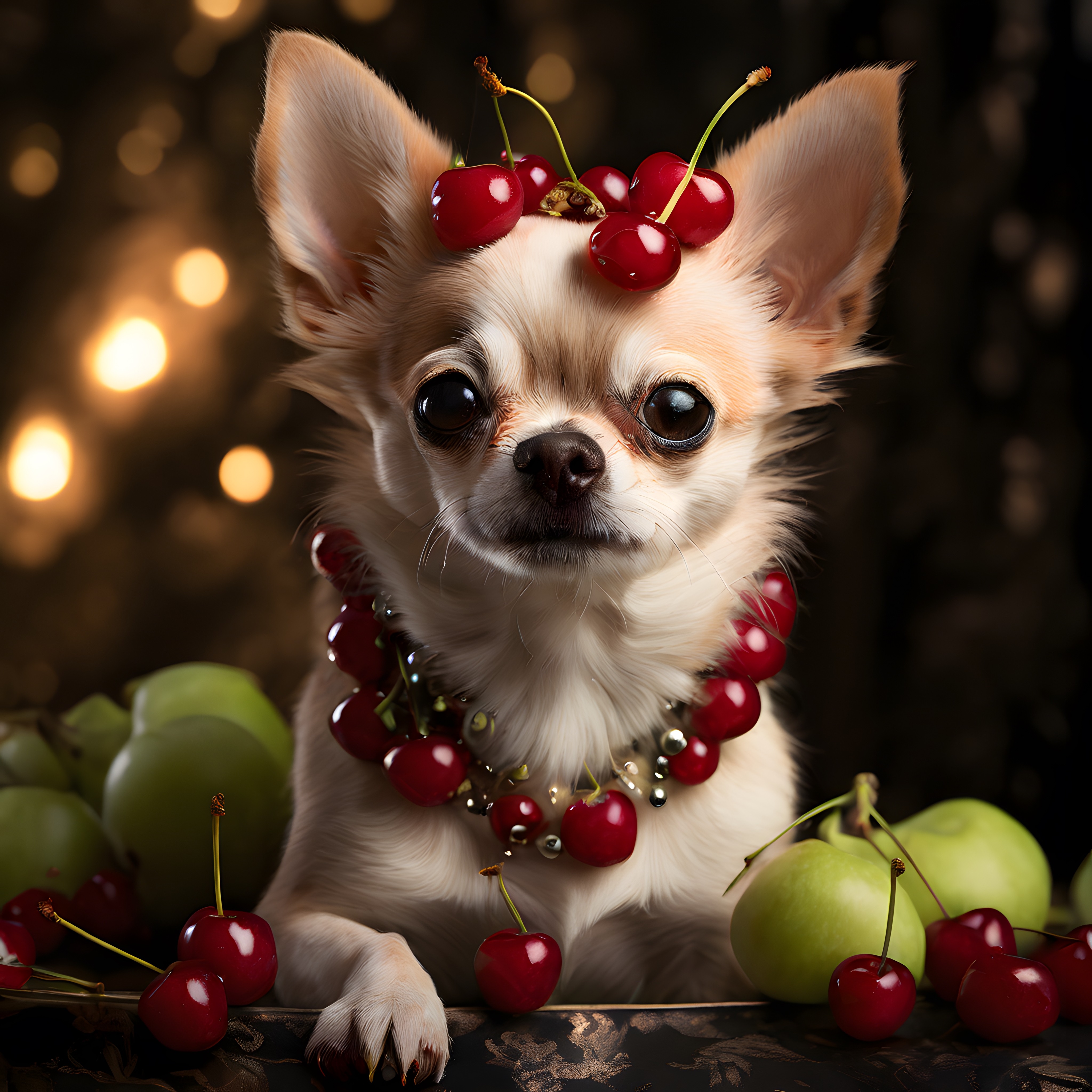Başında Kiraz Taç ve Kolye ile Poz Veren Sevimli Chihuahua Köpeği