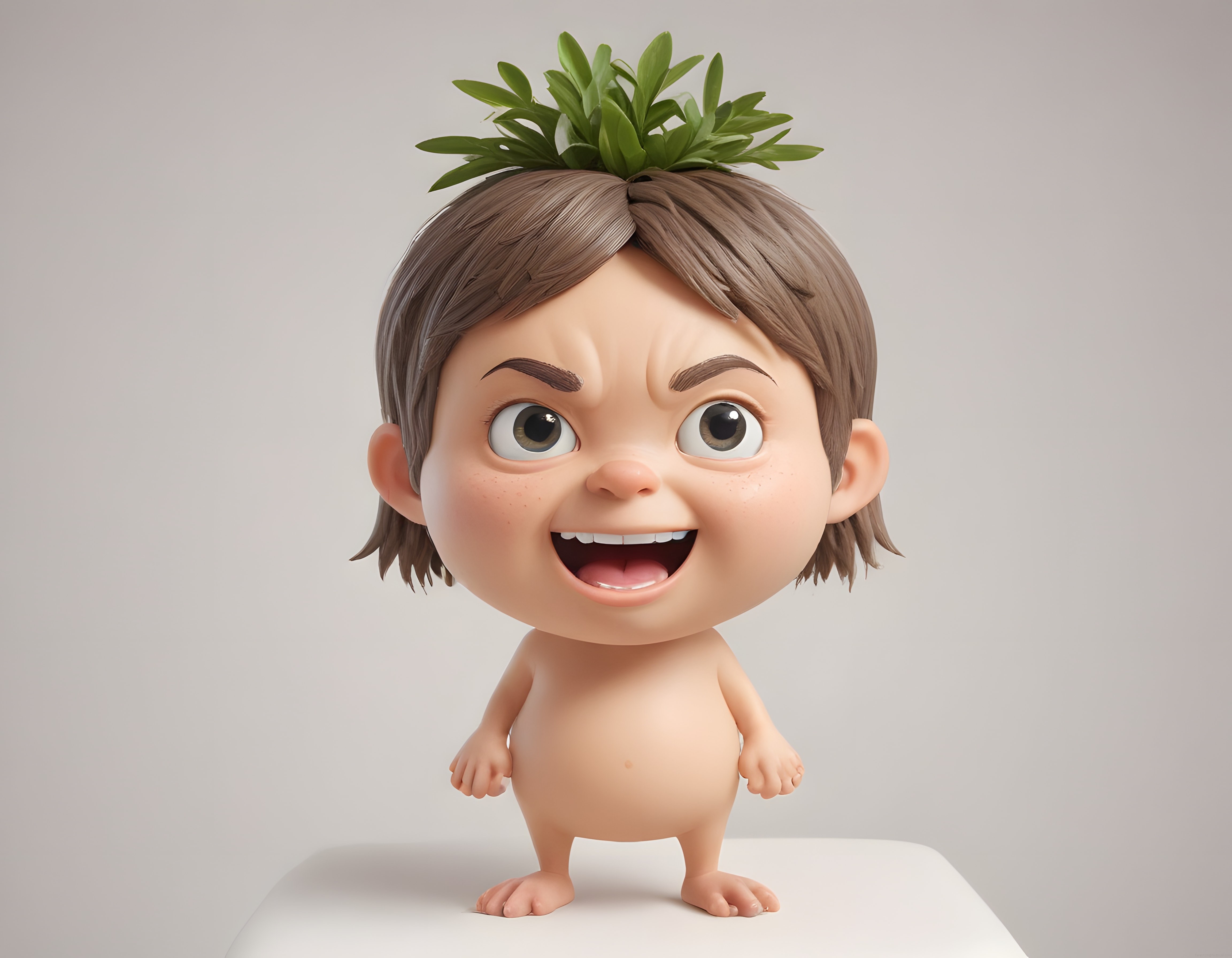 Başında yeşil bitki olan sevimli 3d bebek karakteri dijital illüstrasyon