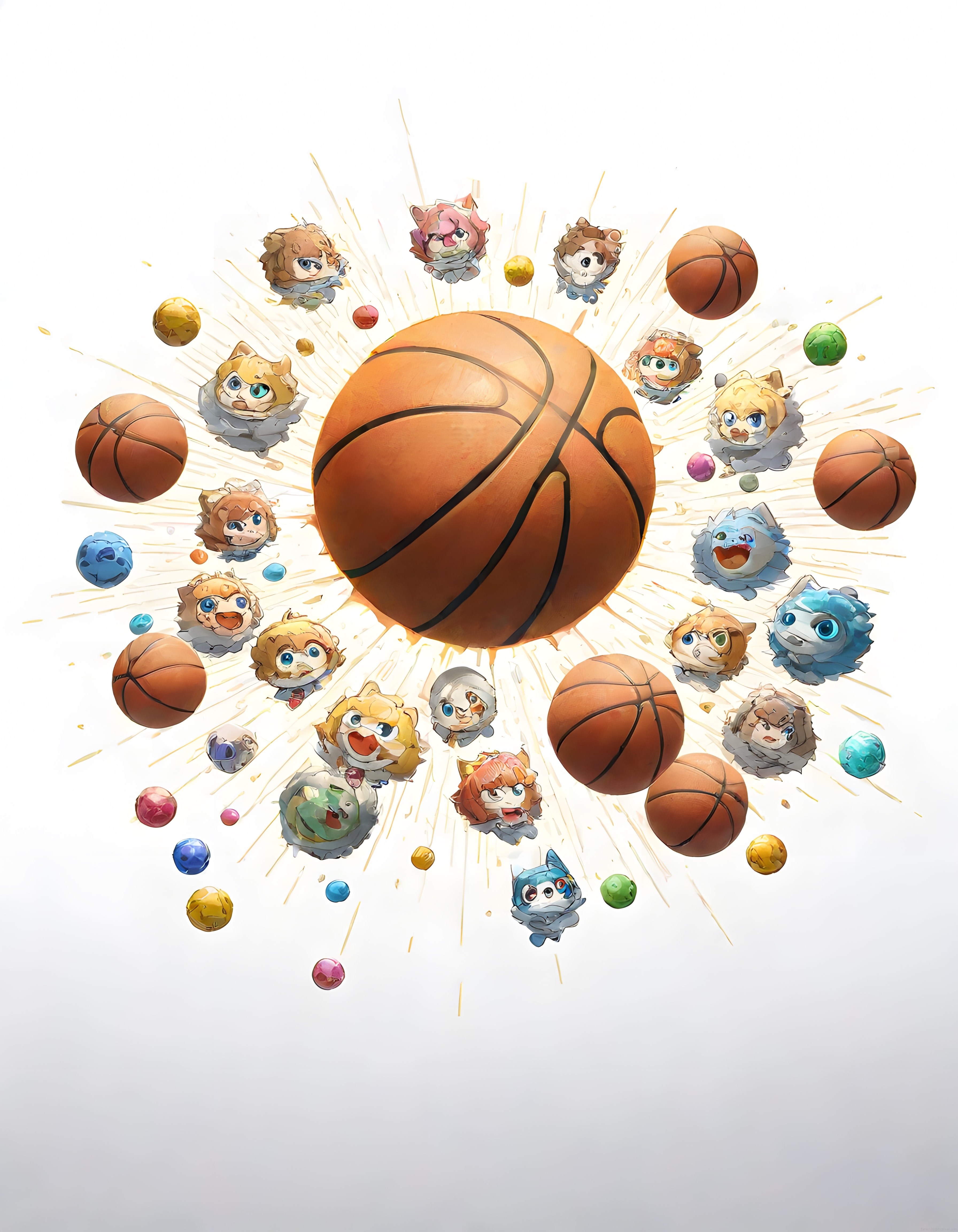 Basketbol Toplarının Etrafında Uçan Sevimli Anime Karakterleri ve Dijital Sanat