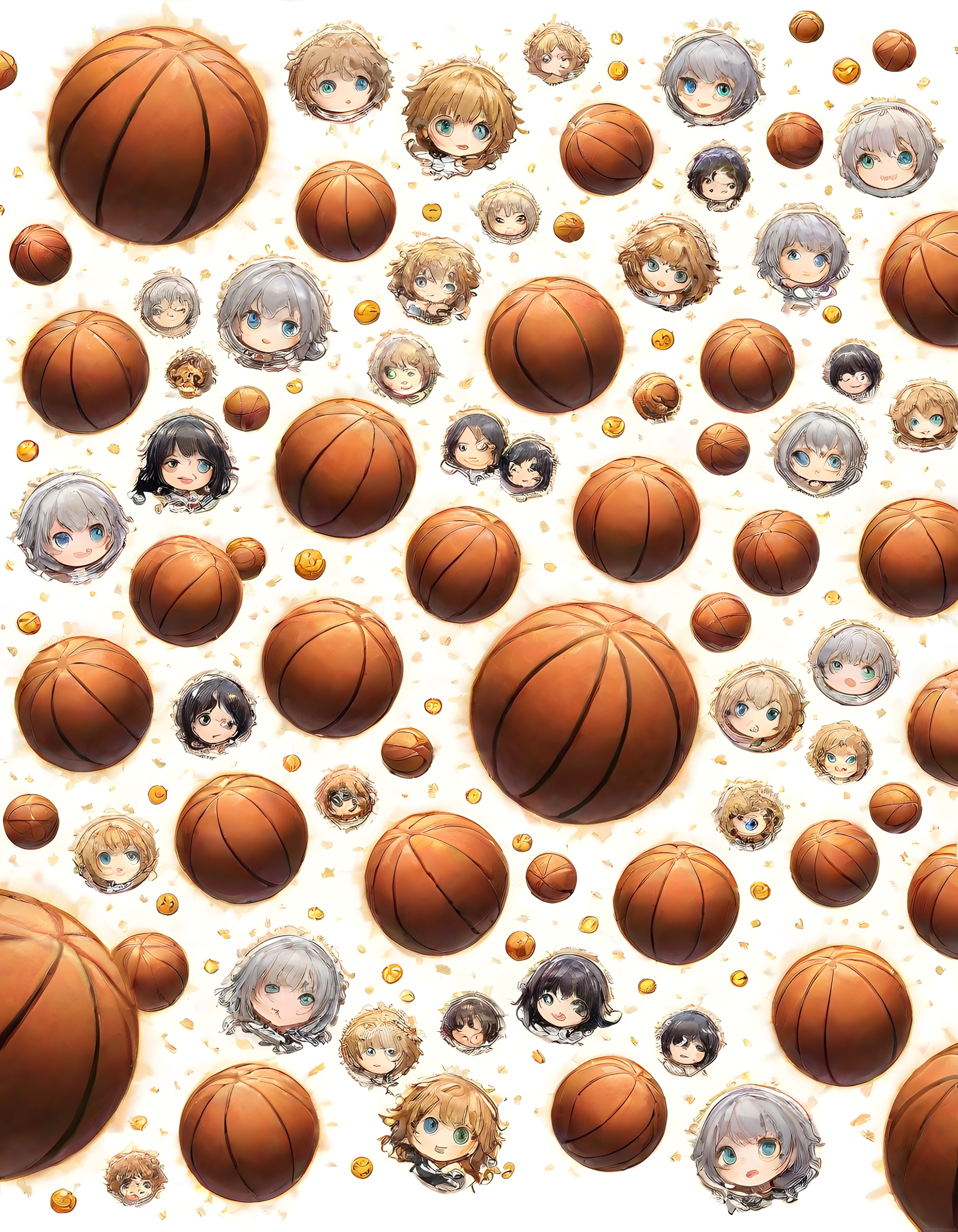 basketbol ve sevimli chibi karakterlerle dolu kawaii dijital illüstrasyon deseni