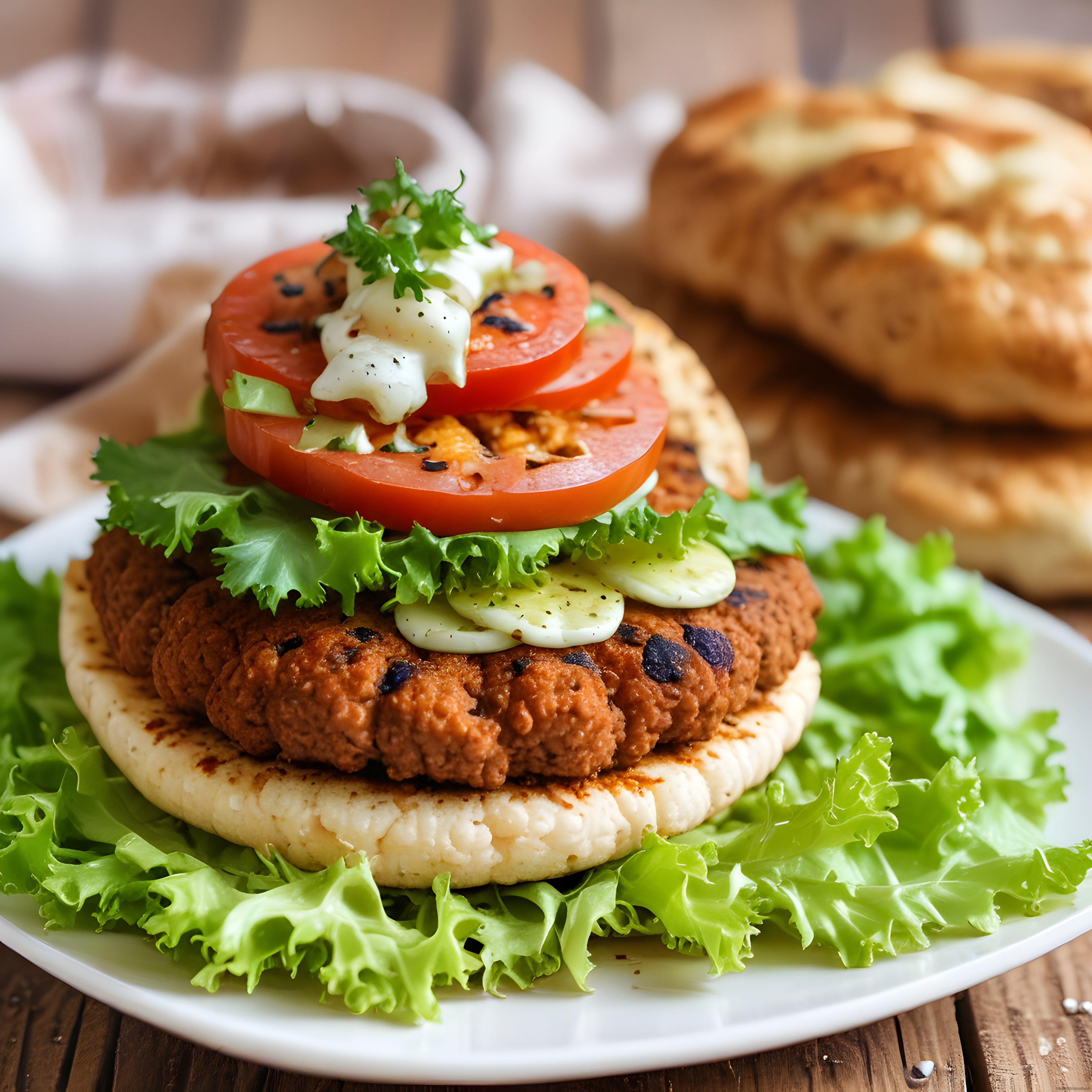 Bazlama Üzerinde Izgara Köfte, Domates ve Yoğurt Soslu Nefis Yemek Sunumu