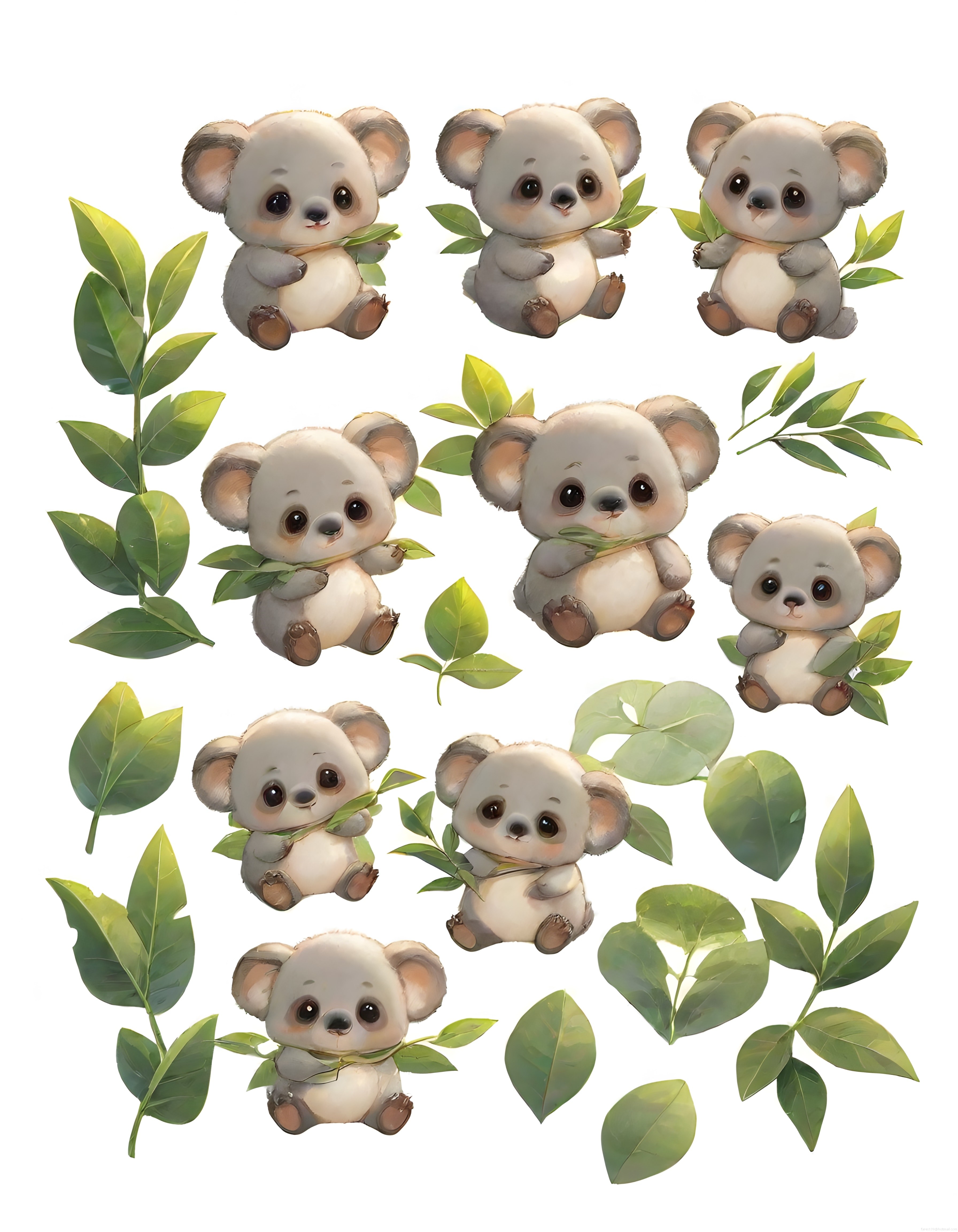 bebek koala çizimleri ve yeşil yapraklardan oluşan sevimli dijital sticker seti
