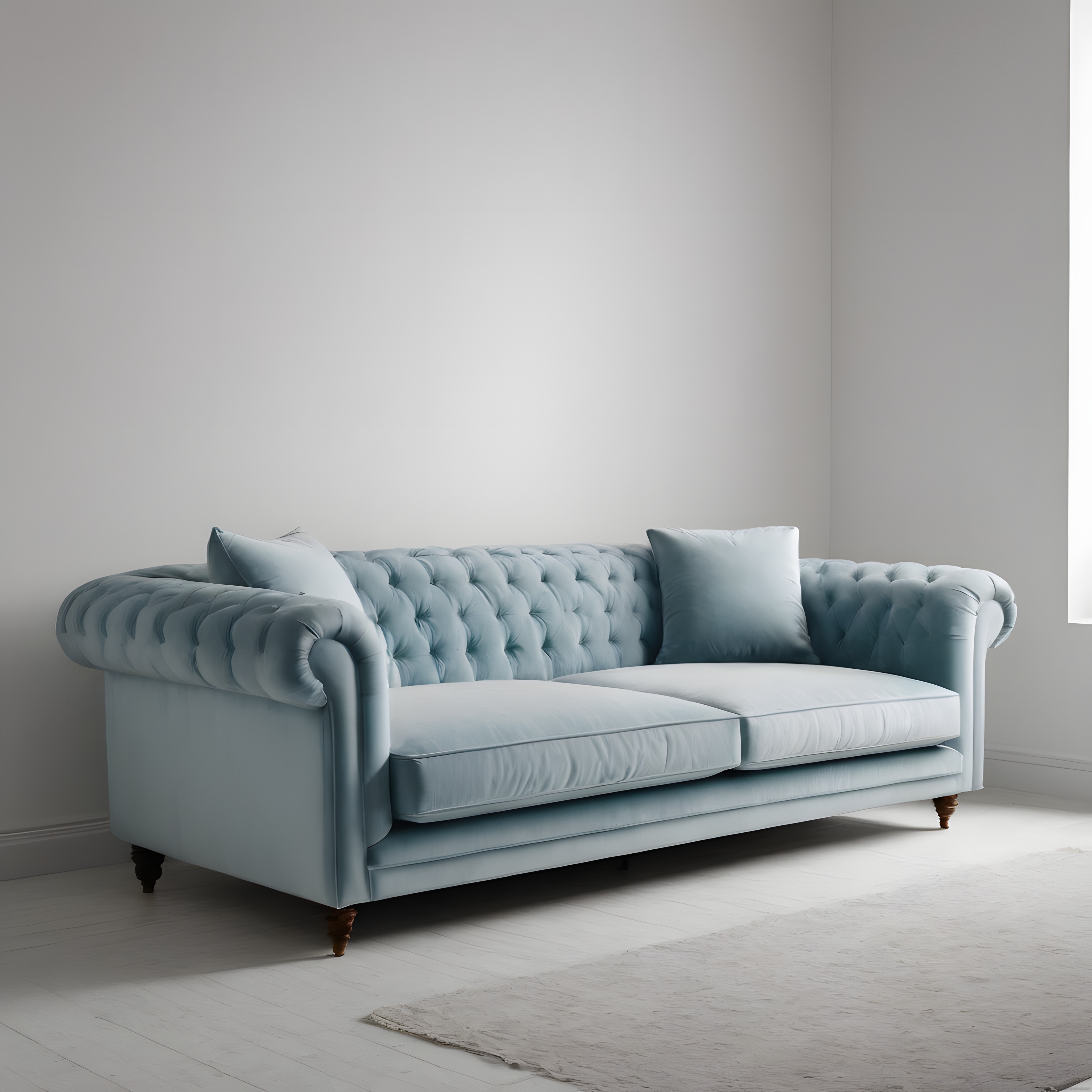 Bebek Mavisi Chesterfield Koltuk ile Huzur Veren Minimalist Oturma Odası