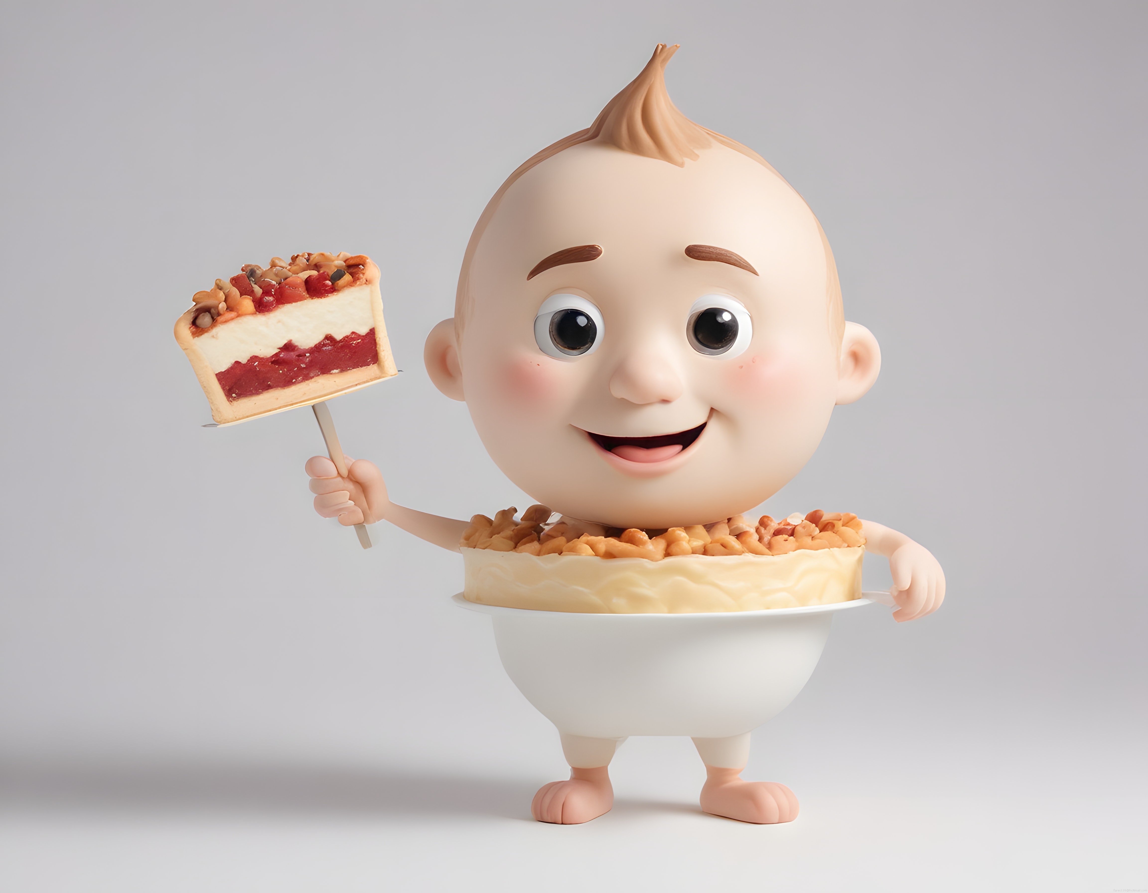 bebek yüzlü sevimli 3d karakter tart vücutla elinde pasta dilimiyle