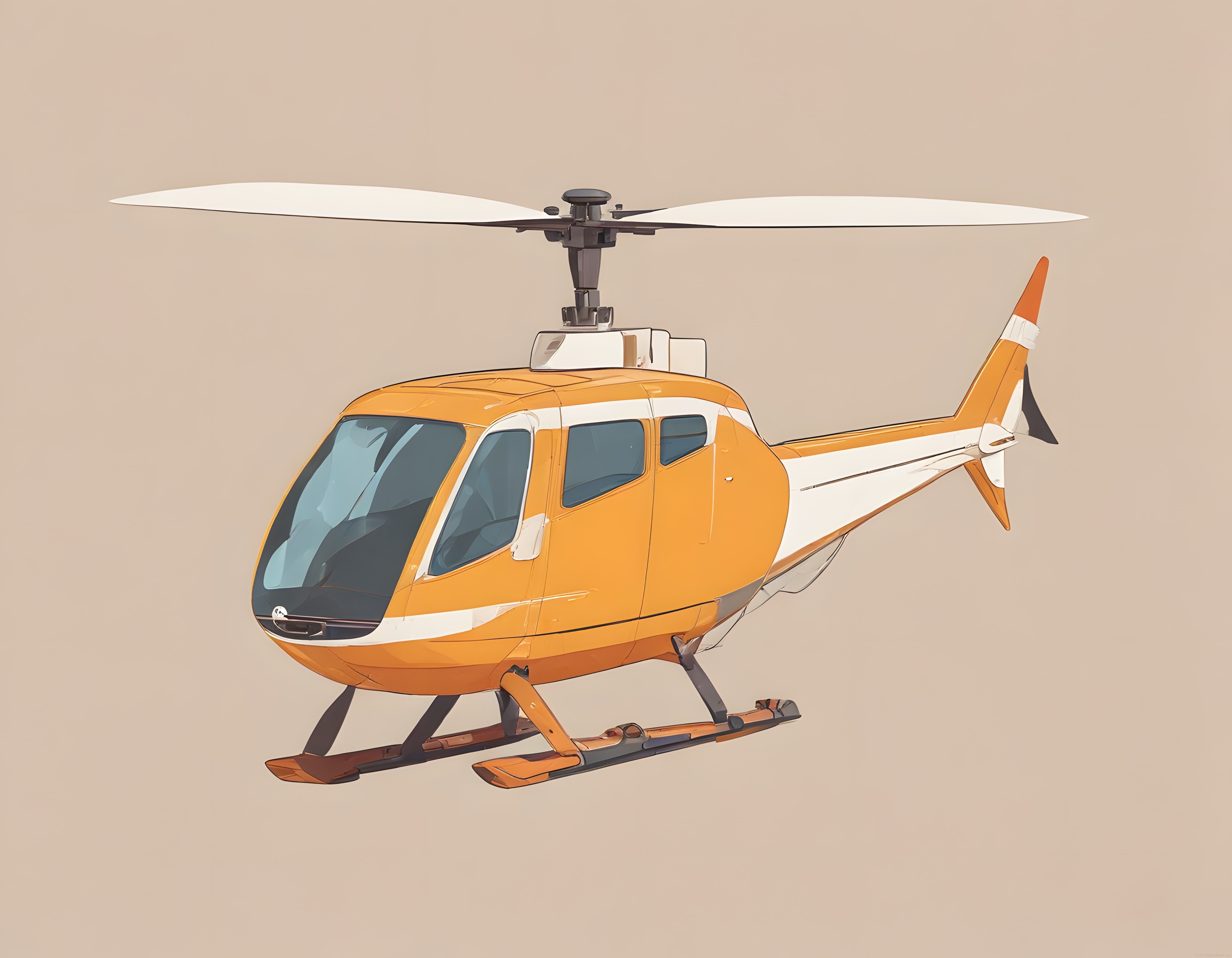 Bej arka planda stilize turuncu beyaz helikopter çizimi ve animasyon görseli