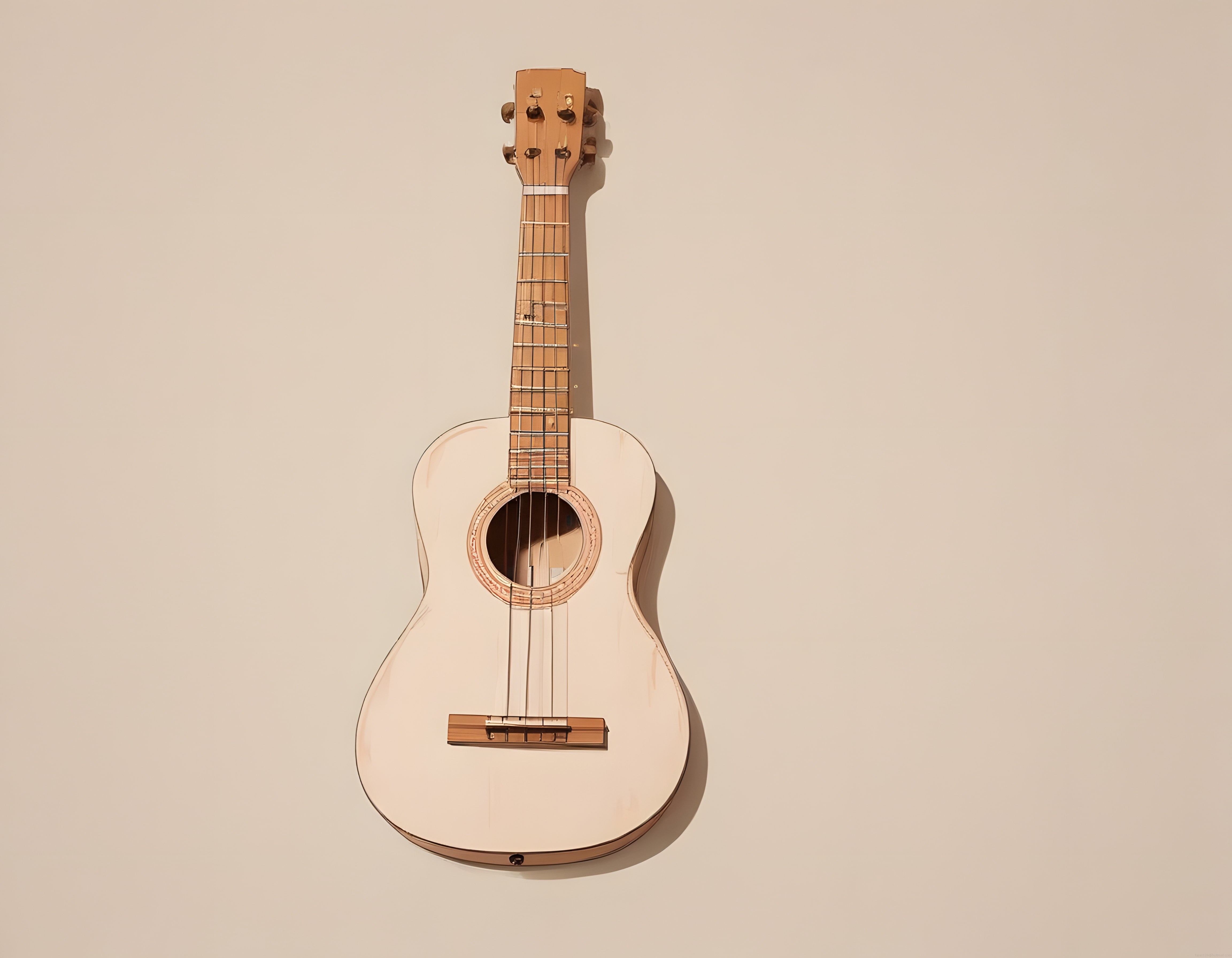 Bej duvar arka planında asılı klasik gitar ve minimalist müzik estetiği