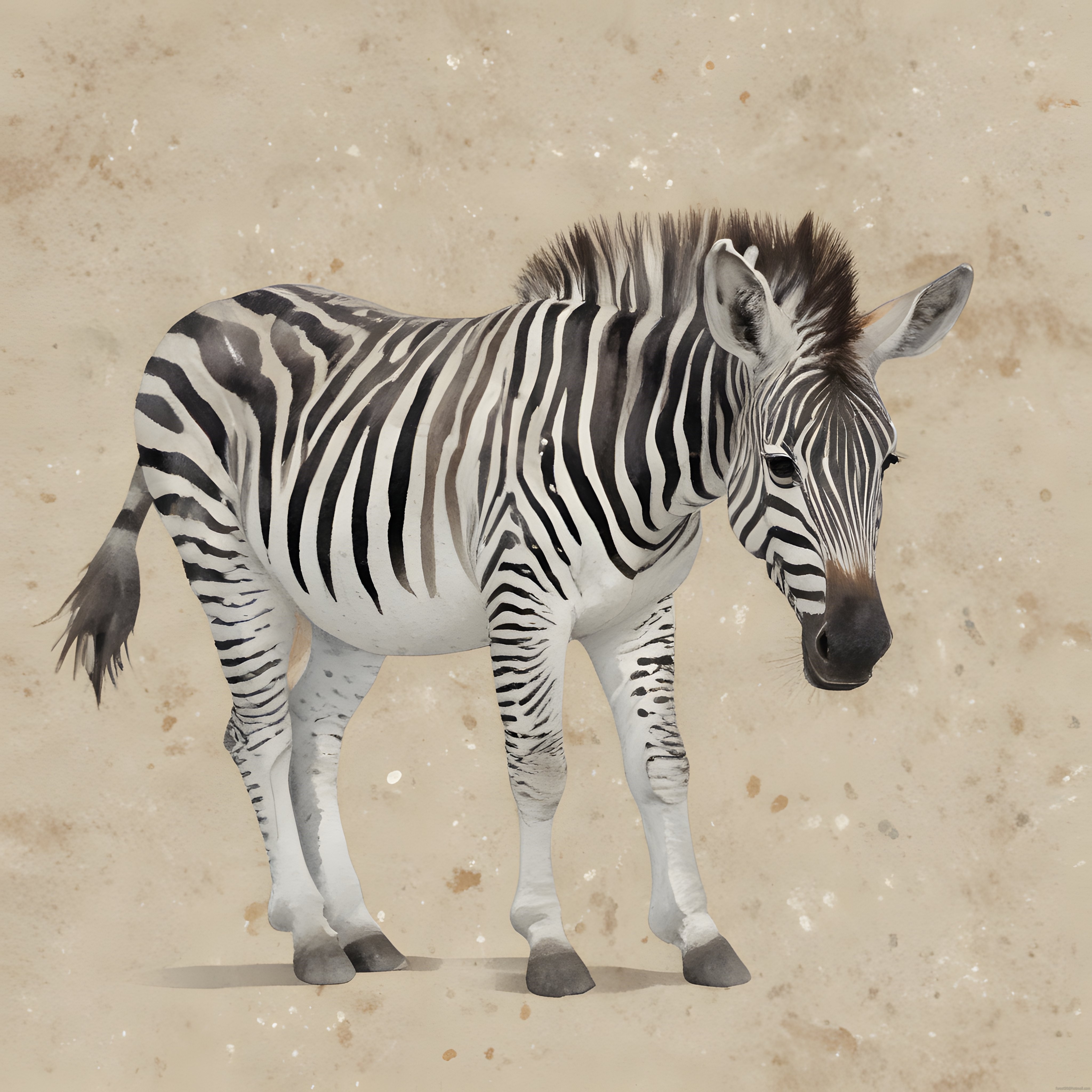 Bej zeminde suluboya tekniğiyle işlenmiş sanatsal zebra portresi