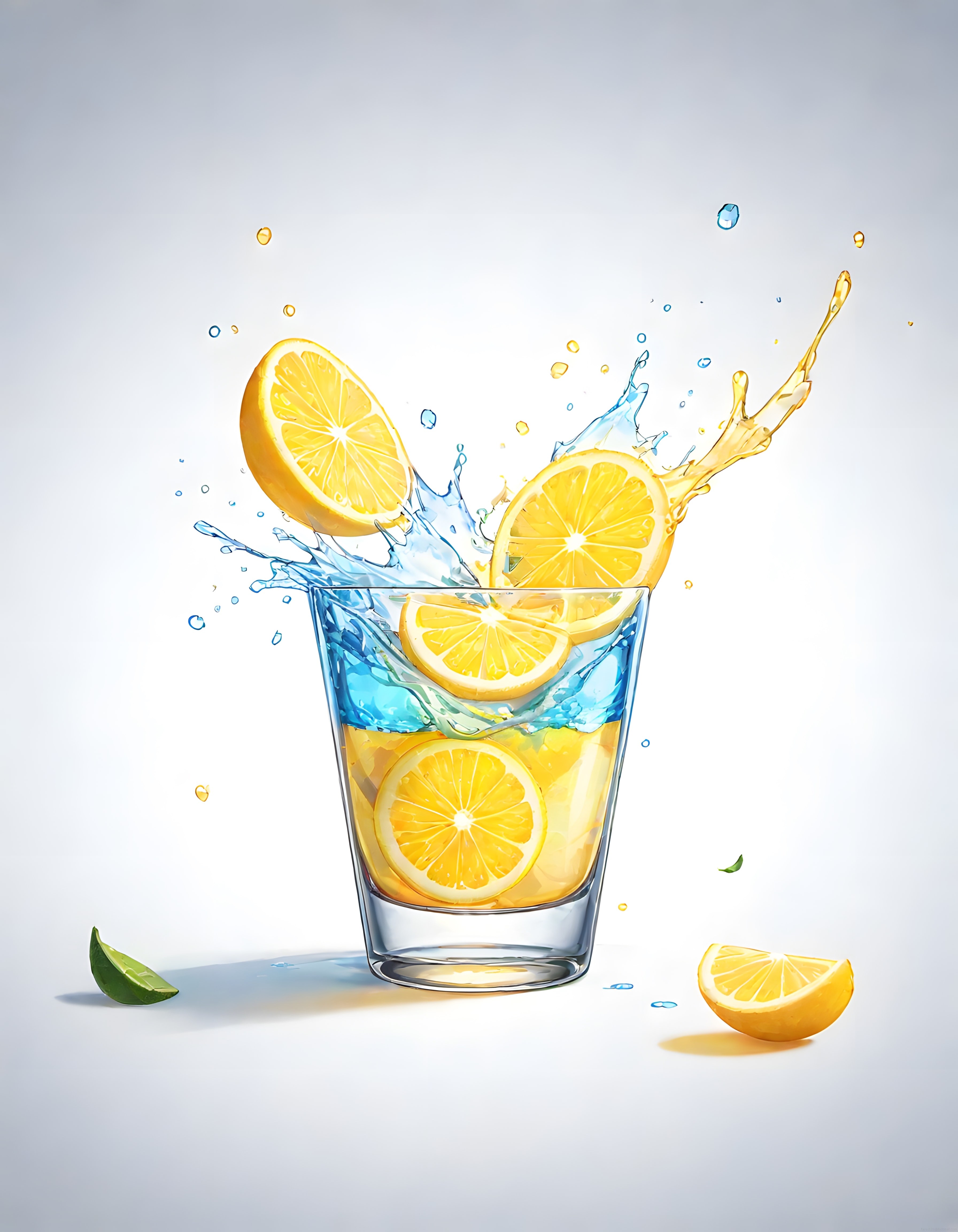 Bembeyaz Arka Planda Cam Bardakta Taze Limonlu Su ve Dinamik Sıçrama