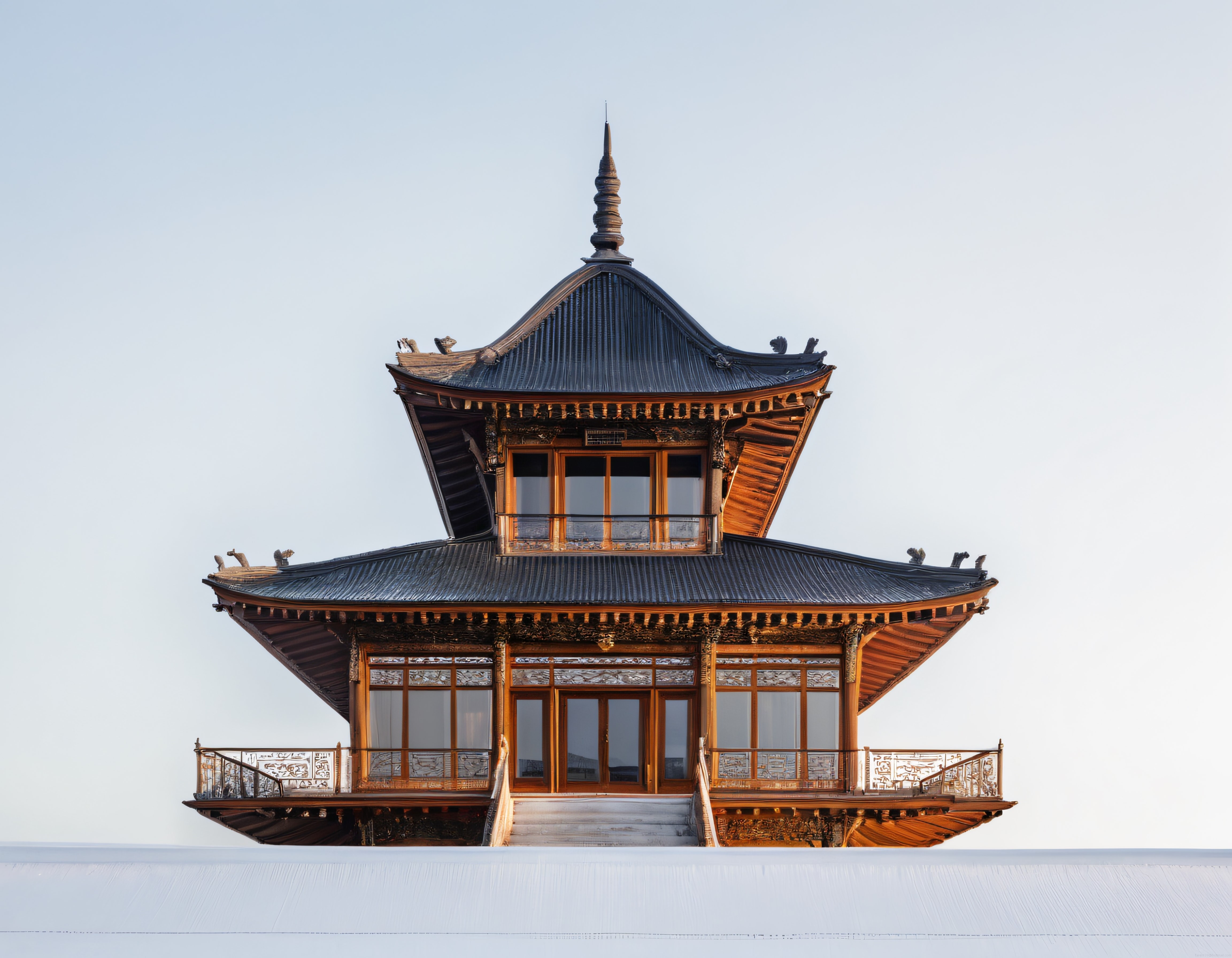 Bembeyaz Karlar Üzerinde Yükselen Geleneksel Uzakdoğu Ahşap Pagoda Manzarası