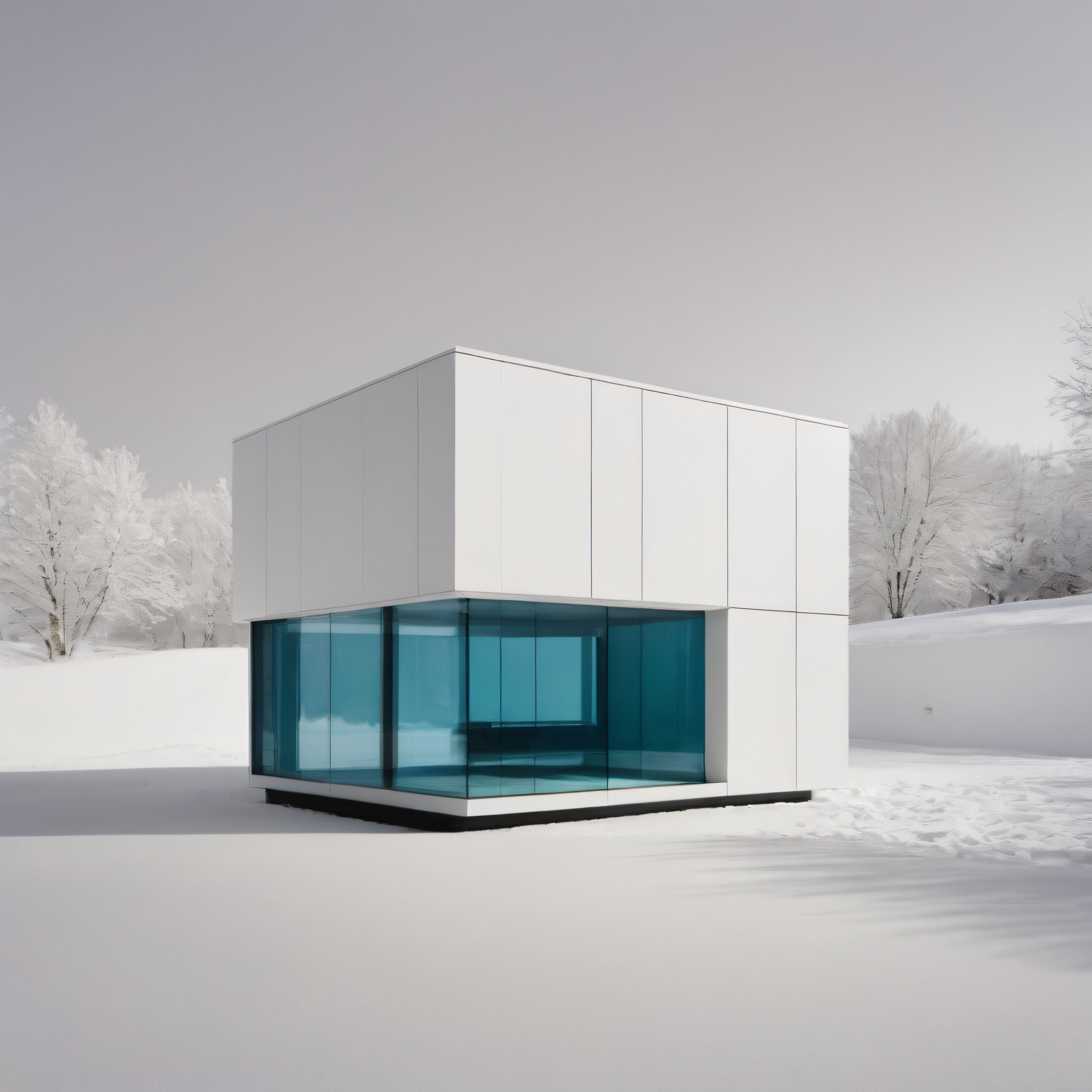 Bembeyaz Kış Manzarasında Turkuaz Cam Panelli Minimalist Modern Ev