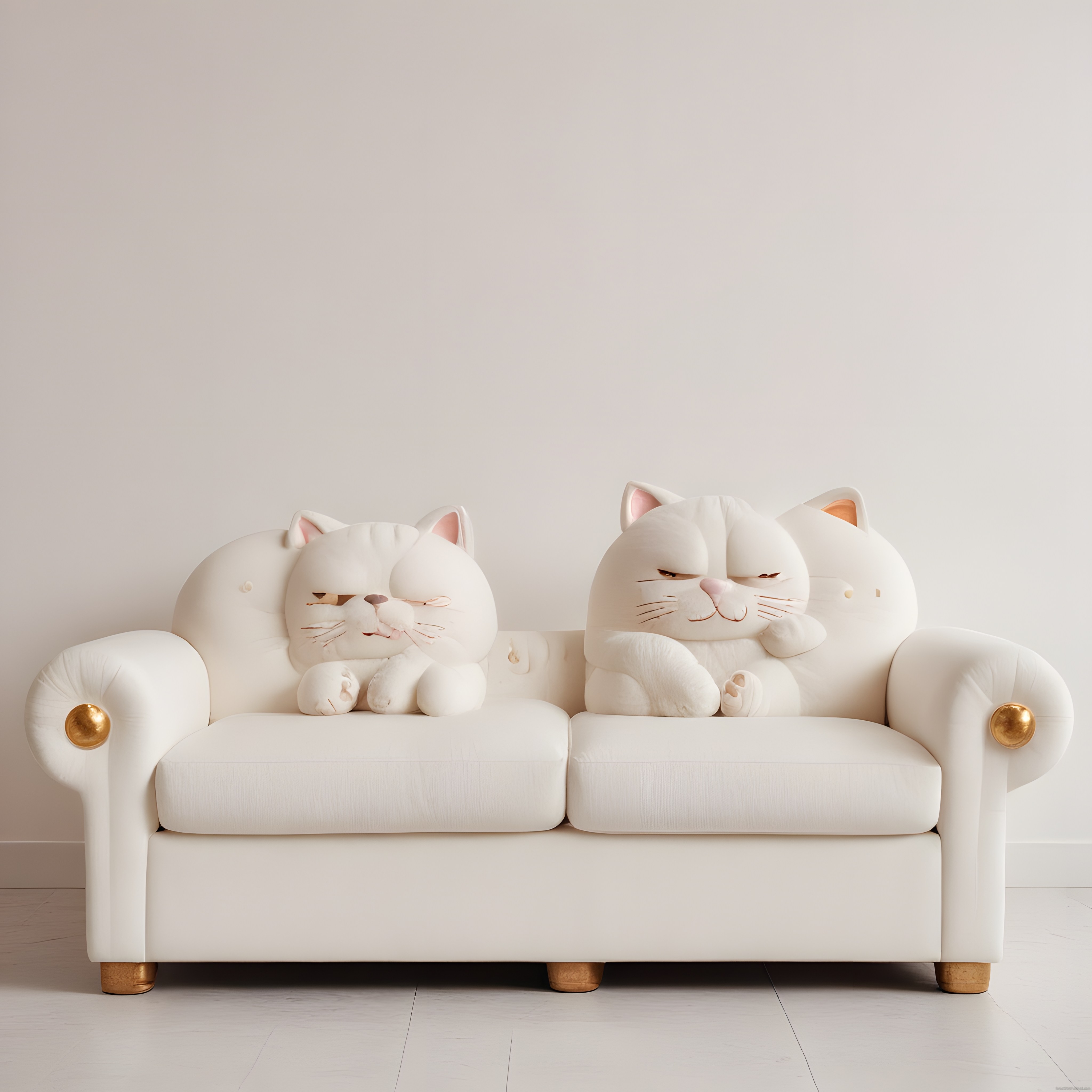Bembeyaz koltukta oturan dev peluş kedi karakterlerinin sevimli 3D sahnesi