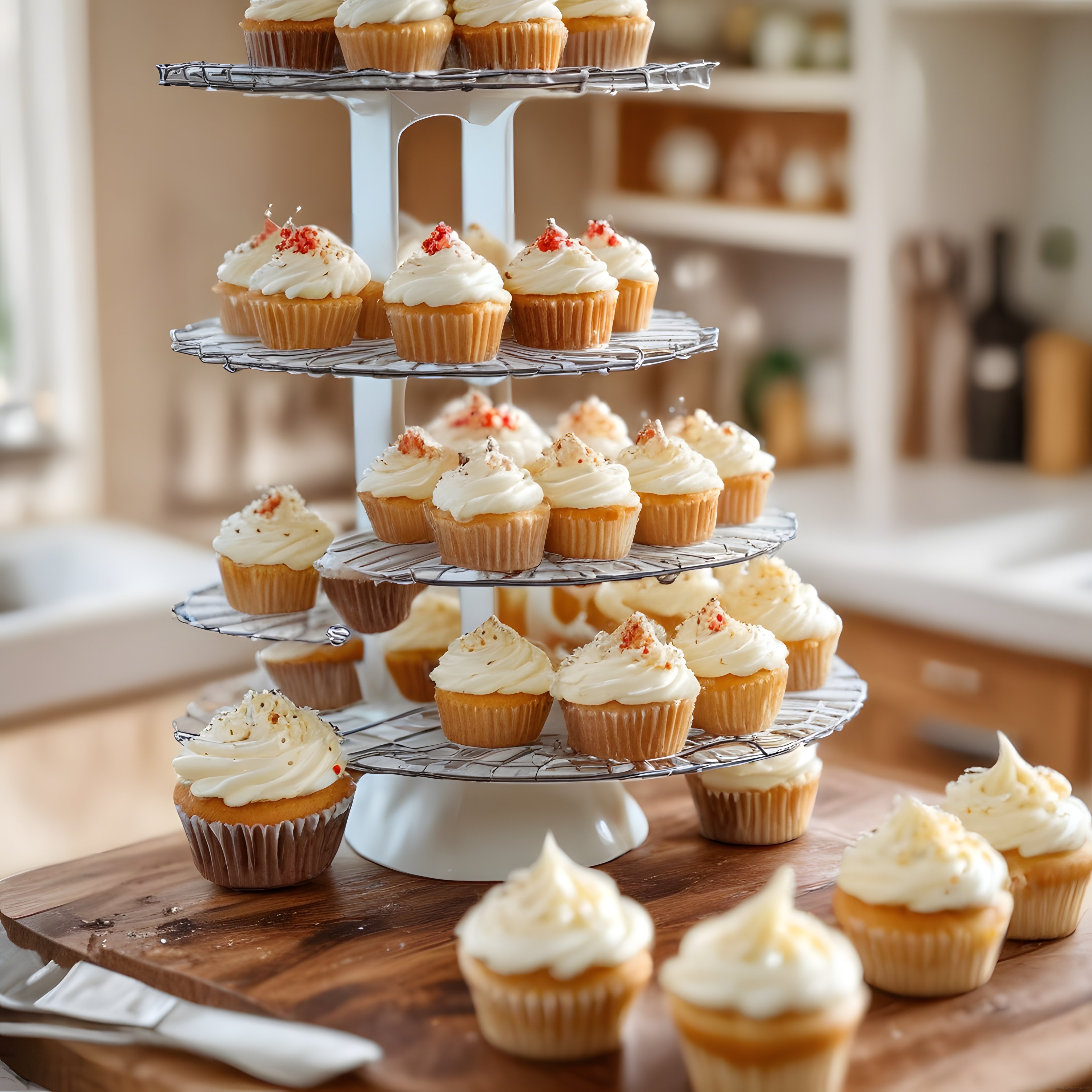 Bembeyaz Kremalı Cupcake'lerle Hazırlanmış Şık Tatlı Sunumu ve Katlı Stand