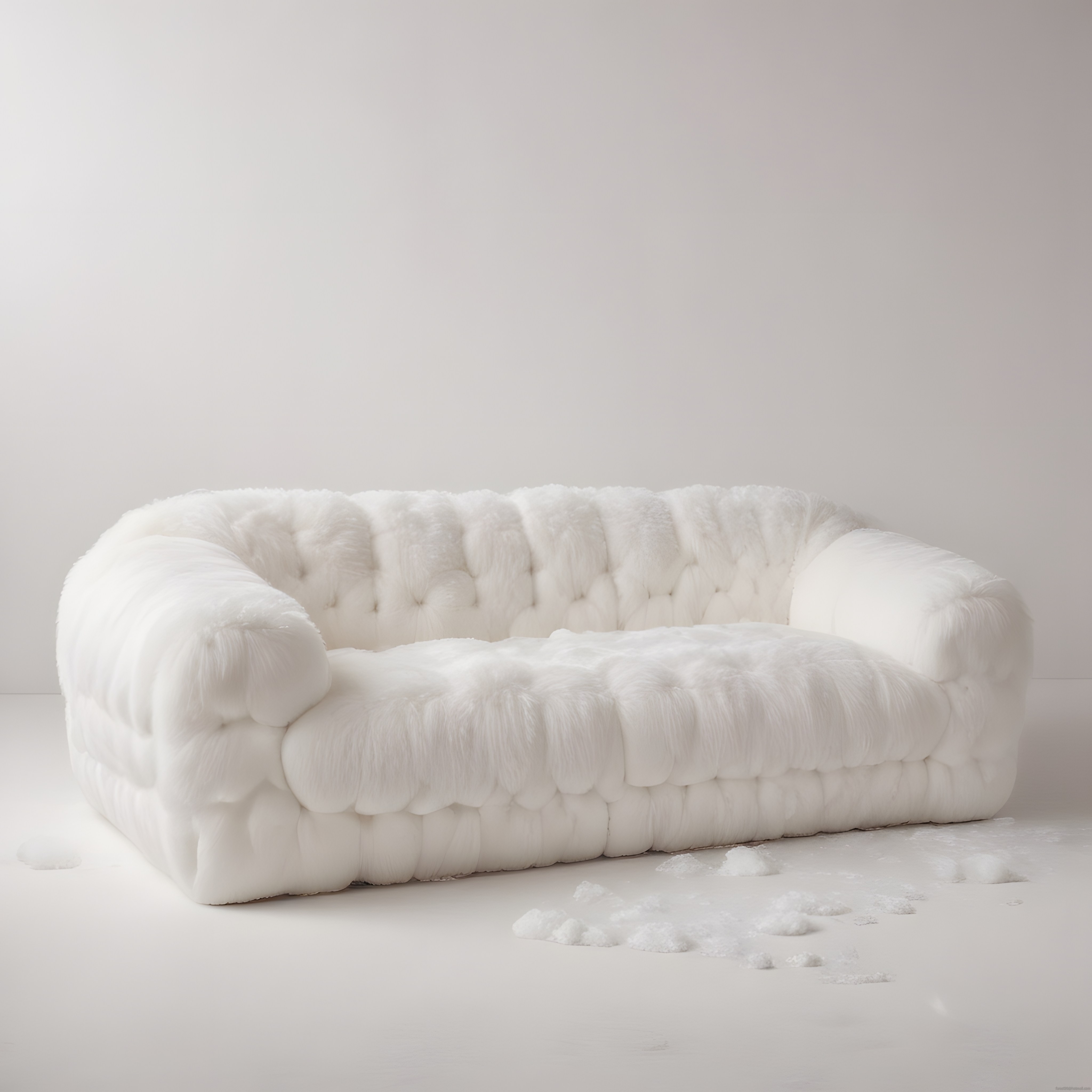 Bembeyaz Kürk Kaplı Lüks Chesterfield Kanepe ve Minimalist Stüdyo Atmosferi