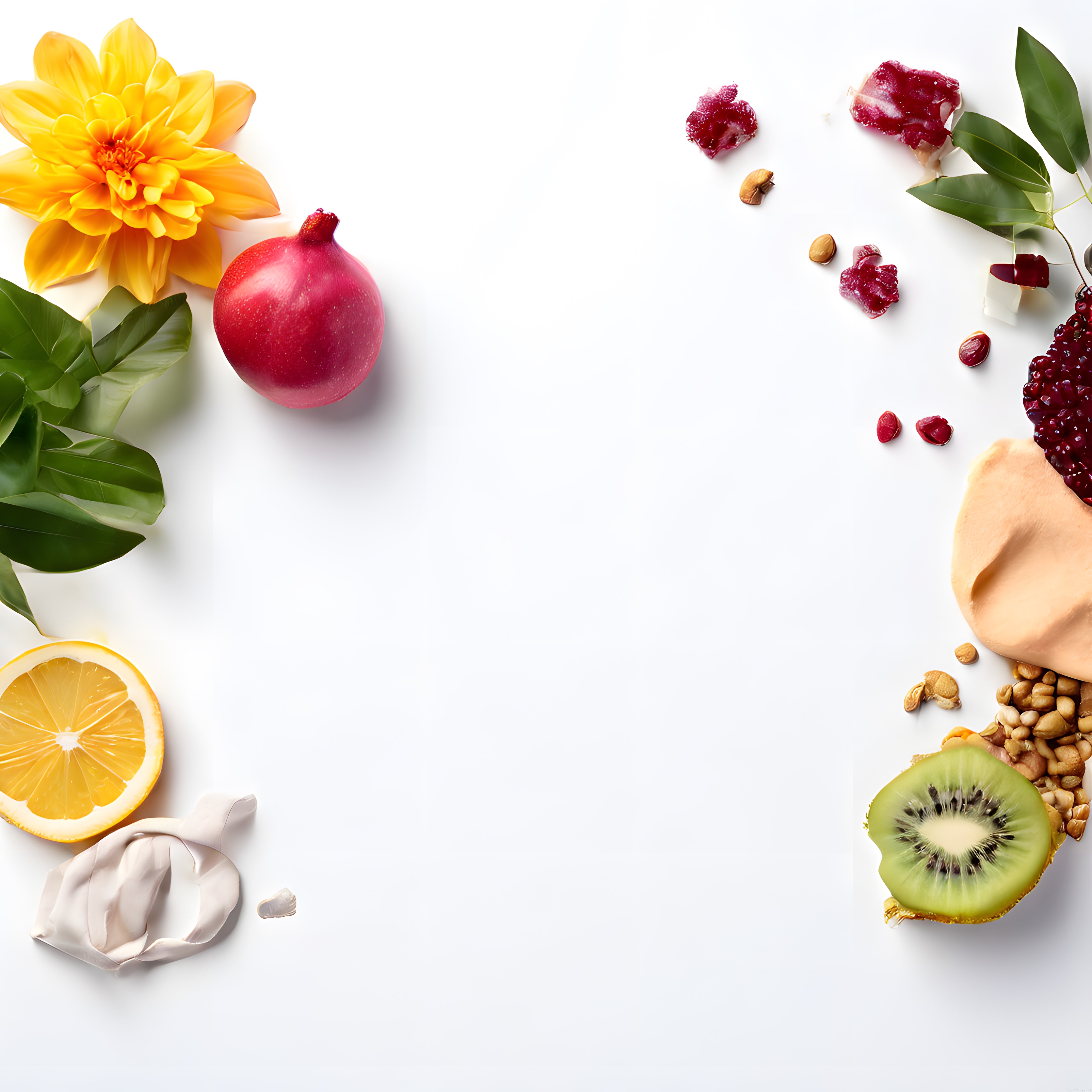 Beslenme ve Sağlıklı Yaşam Temalı Nar, Kivi, Limon ve Kuruyemiş Kompozisyonu