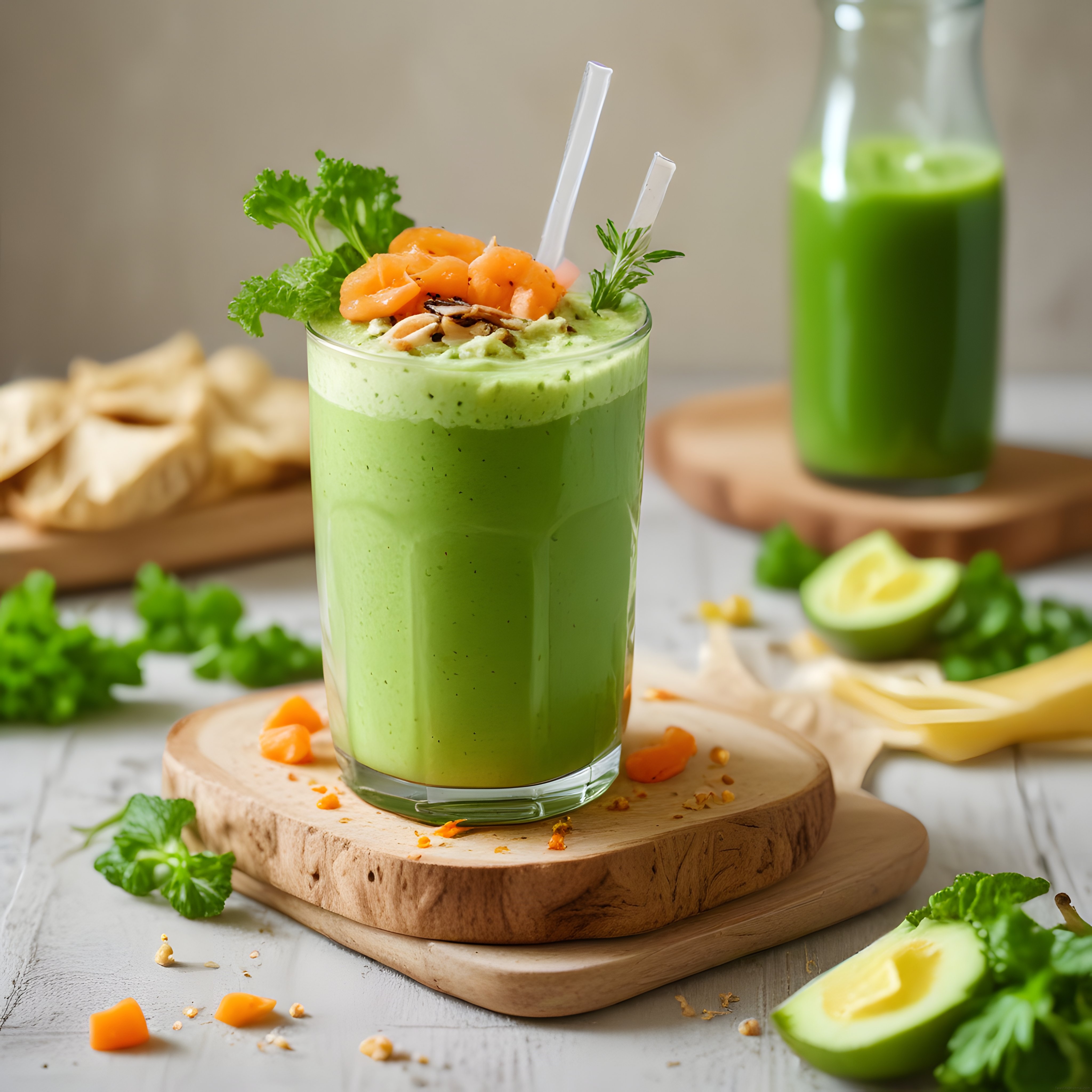 Besleyici Avokado Smoothie: Somon Dilimleri ve Taze Yeşilliklerle Şık Sunum