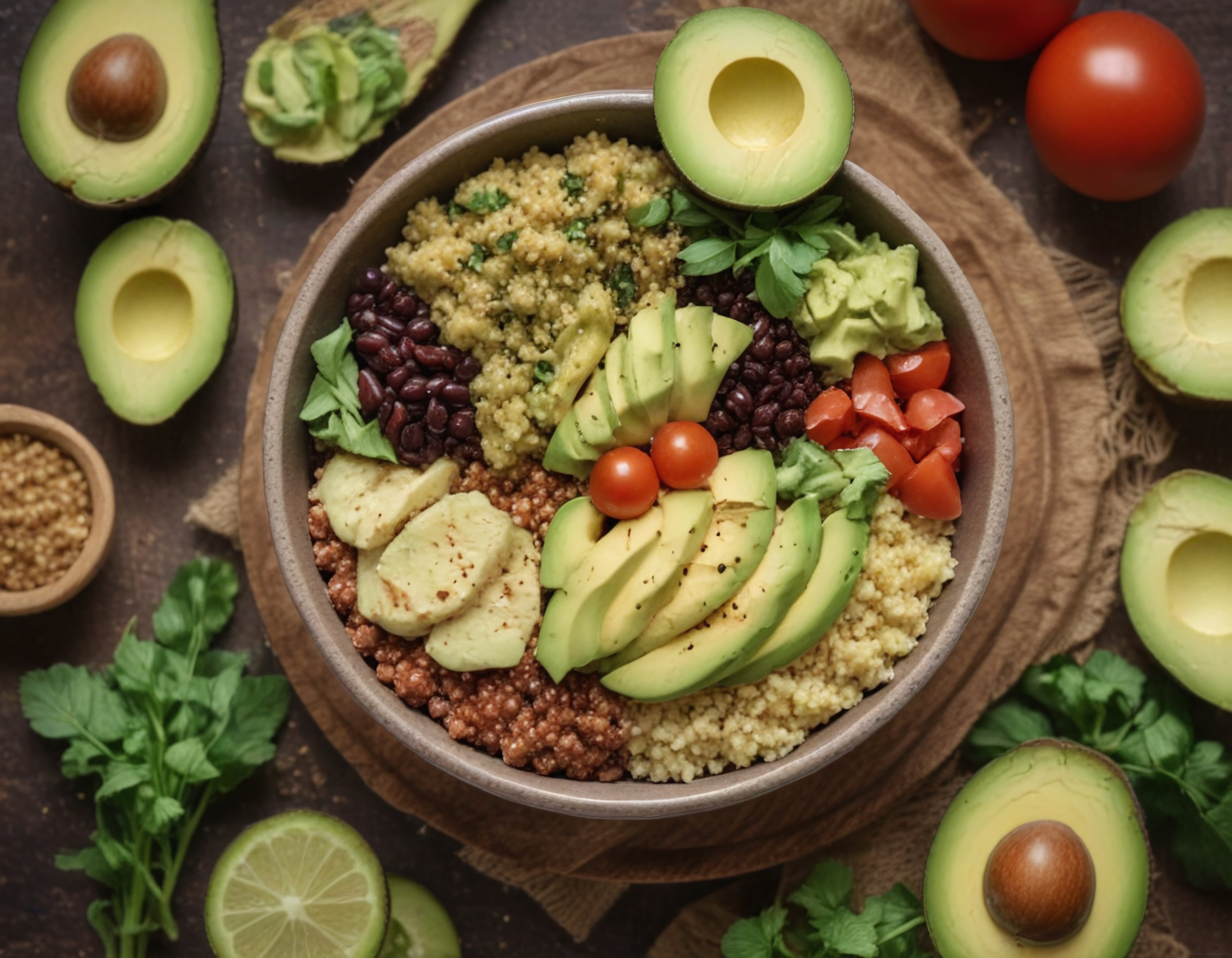 Besleyici avokadolu kinoa kasesi ile sağlıklı vegan buddha bowl görseli