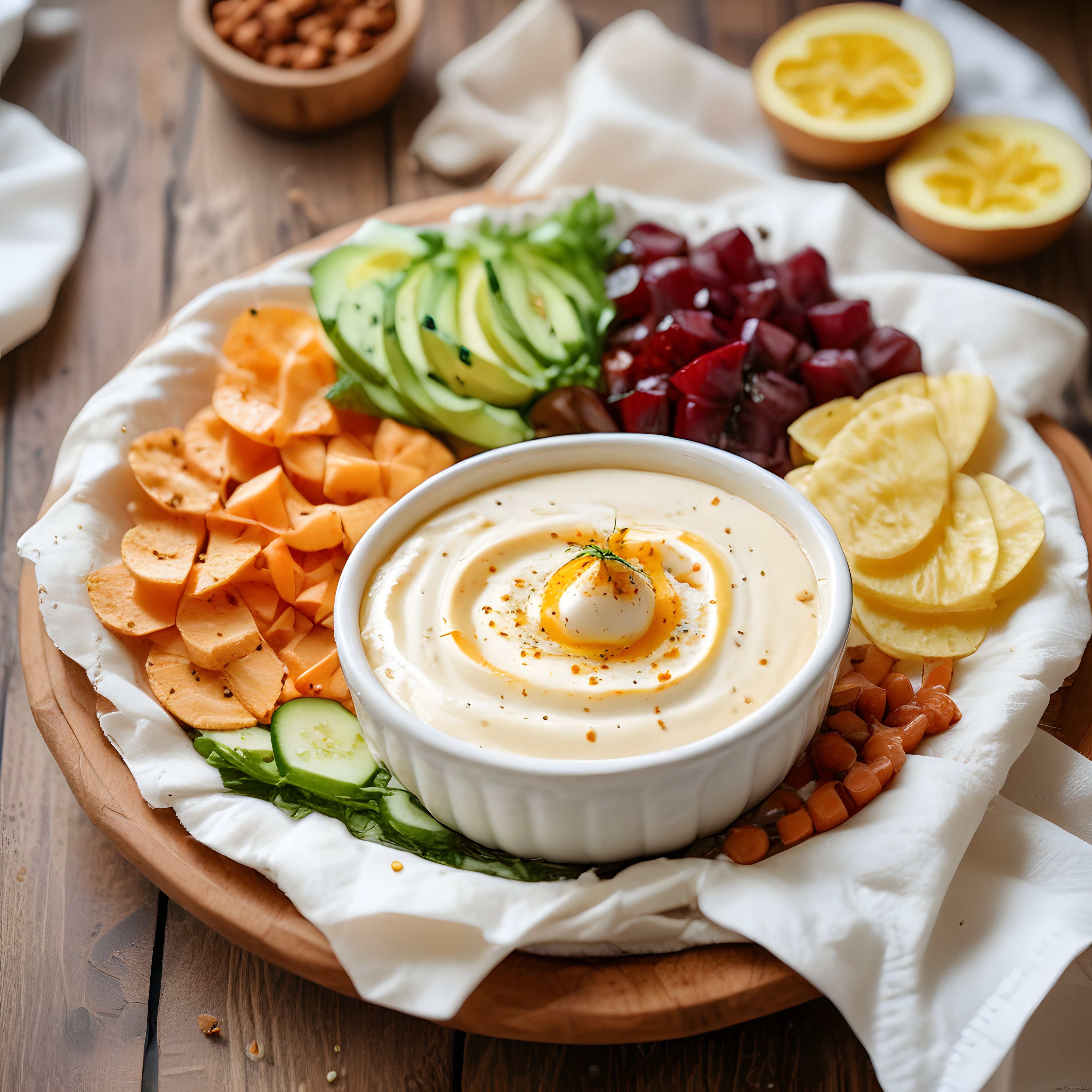 Besleyici Kahvaltı Sunumu: Taze Sebzeler ve Kremalı Humus Tabağı