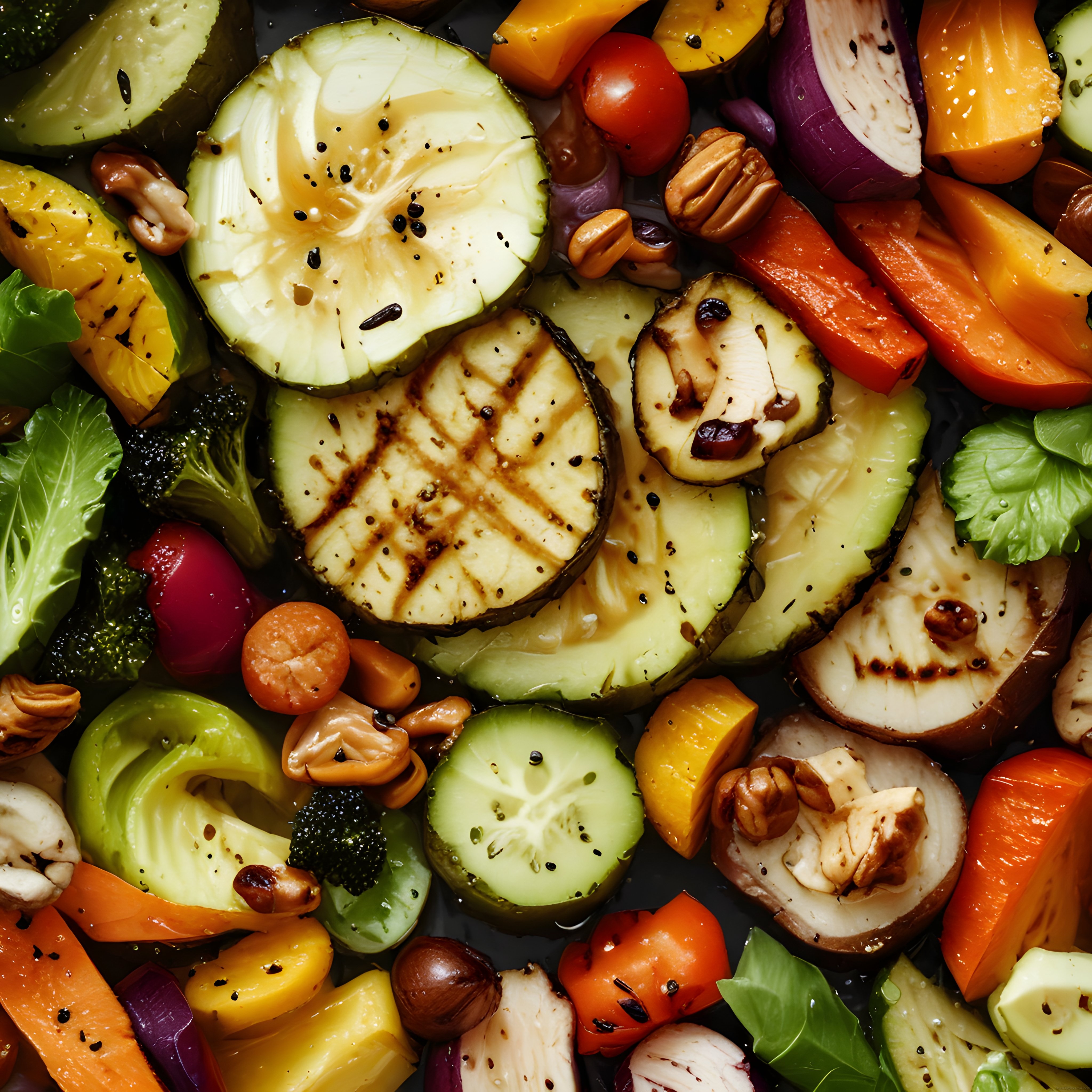 Besleyici Vegan Kase: Izgara Sebzeler, Avokado ve Kuruyemişlerle Dolu Tabak